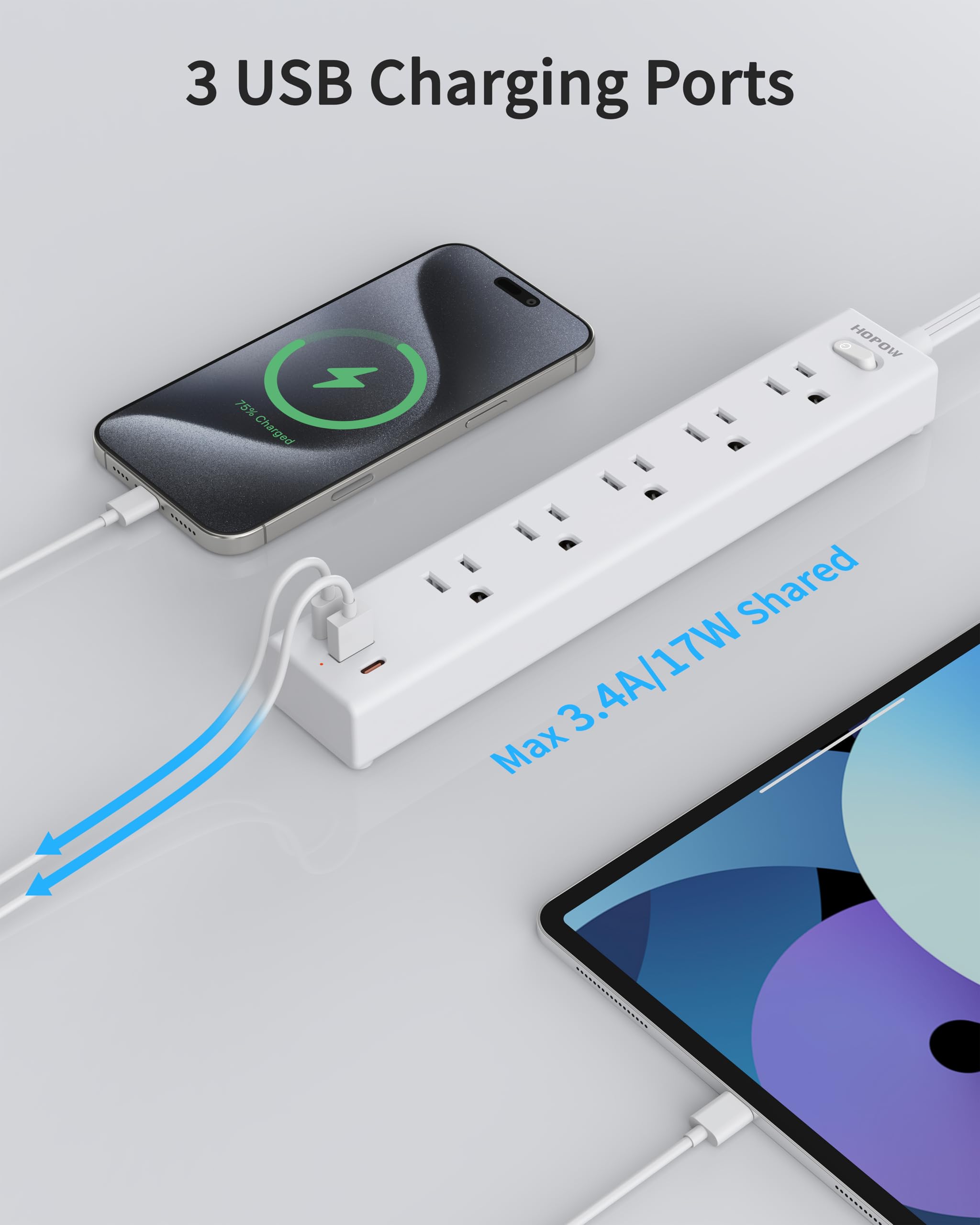 HOPOW USB charging delivers optimized power to smartphones and gadgets.