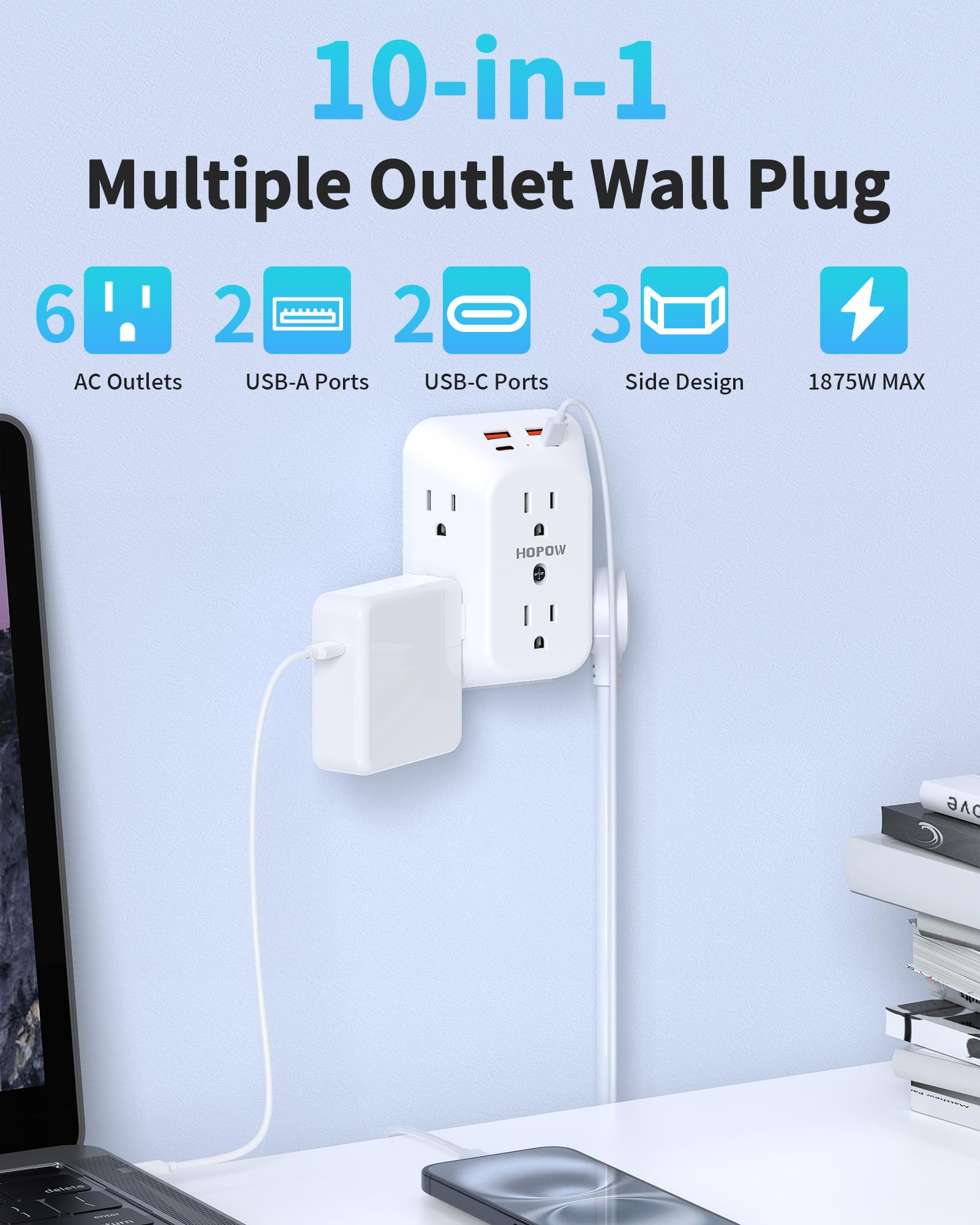 HOPOW wall outlet charger with USB ports keeps desks tidy and devices ready.