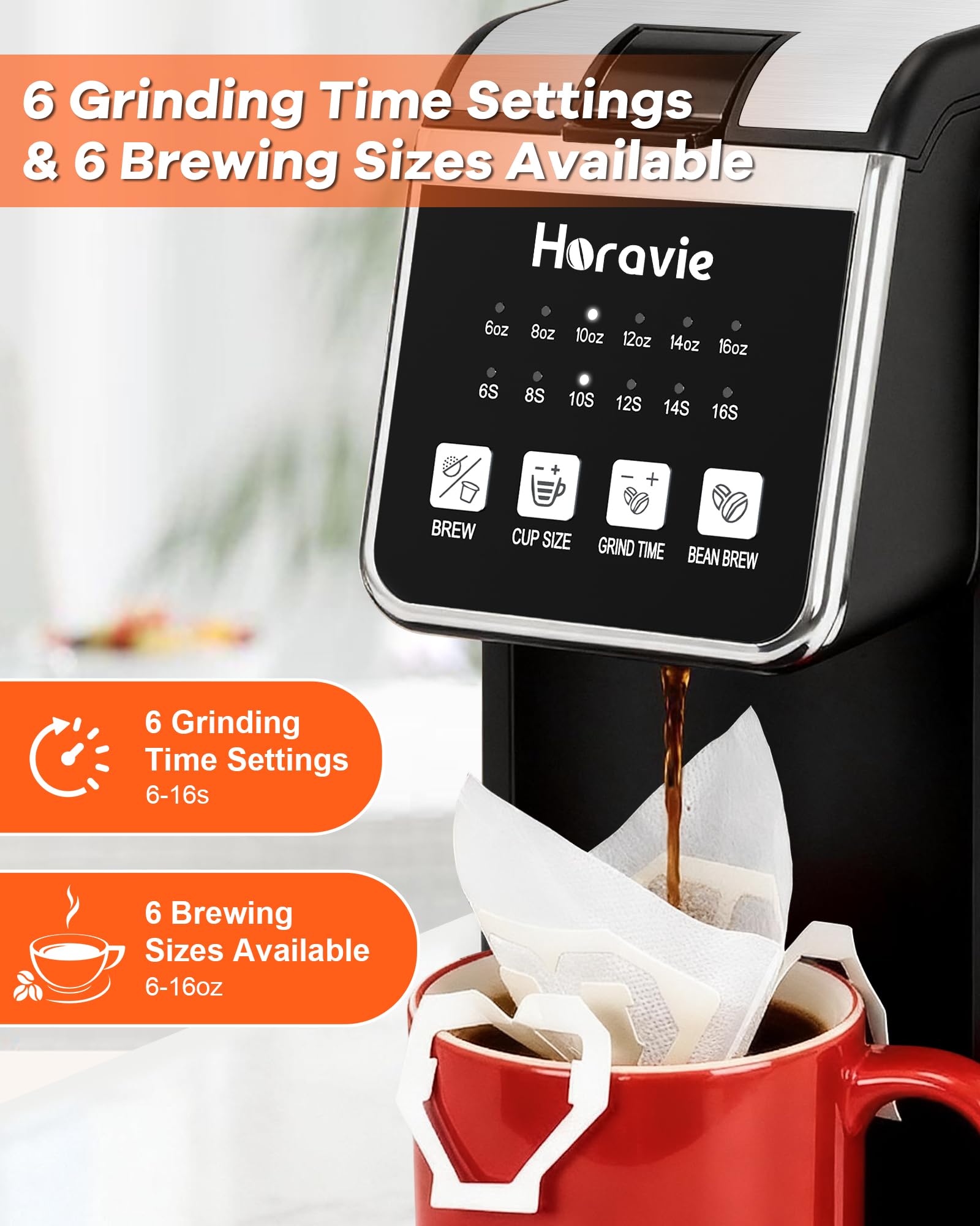 Horavie 47 oz water tank reduces refills and supports tall mugs.