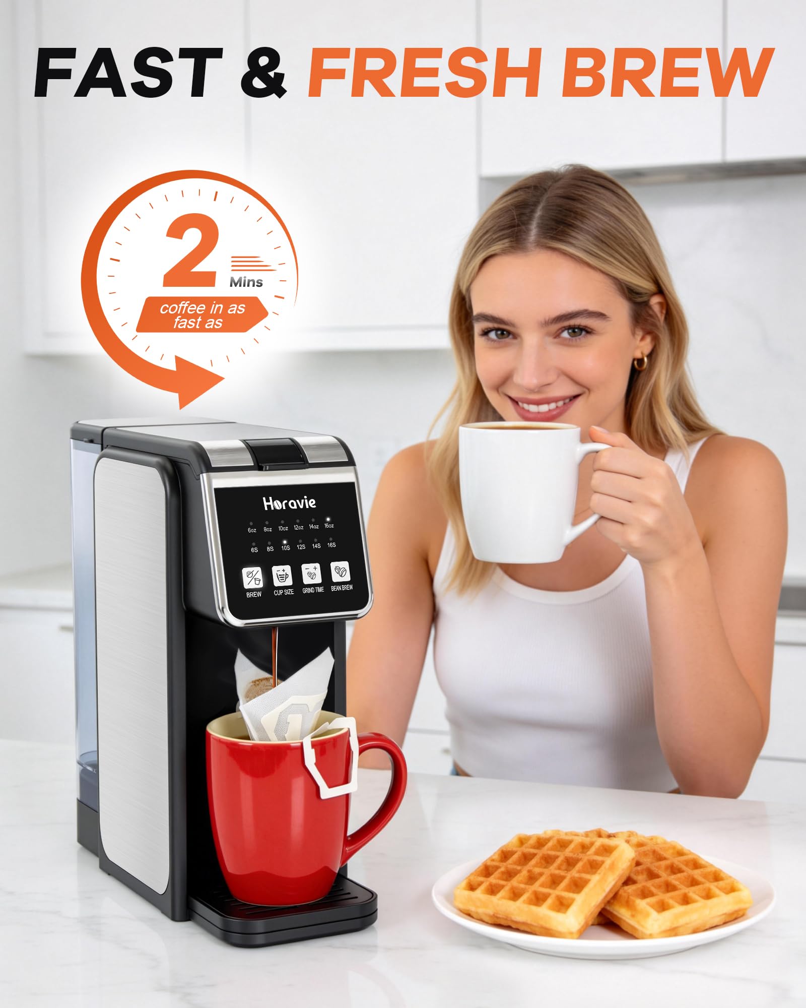Horavie six to sixteen oz brew sizes fit any cup and mood.