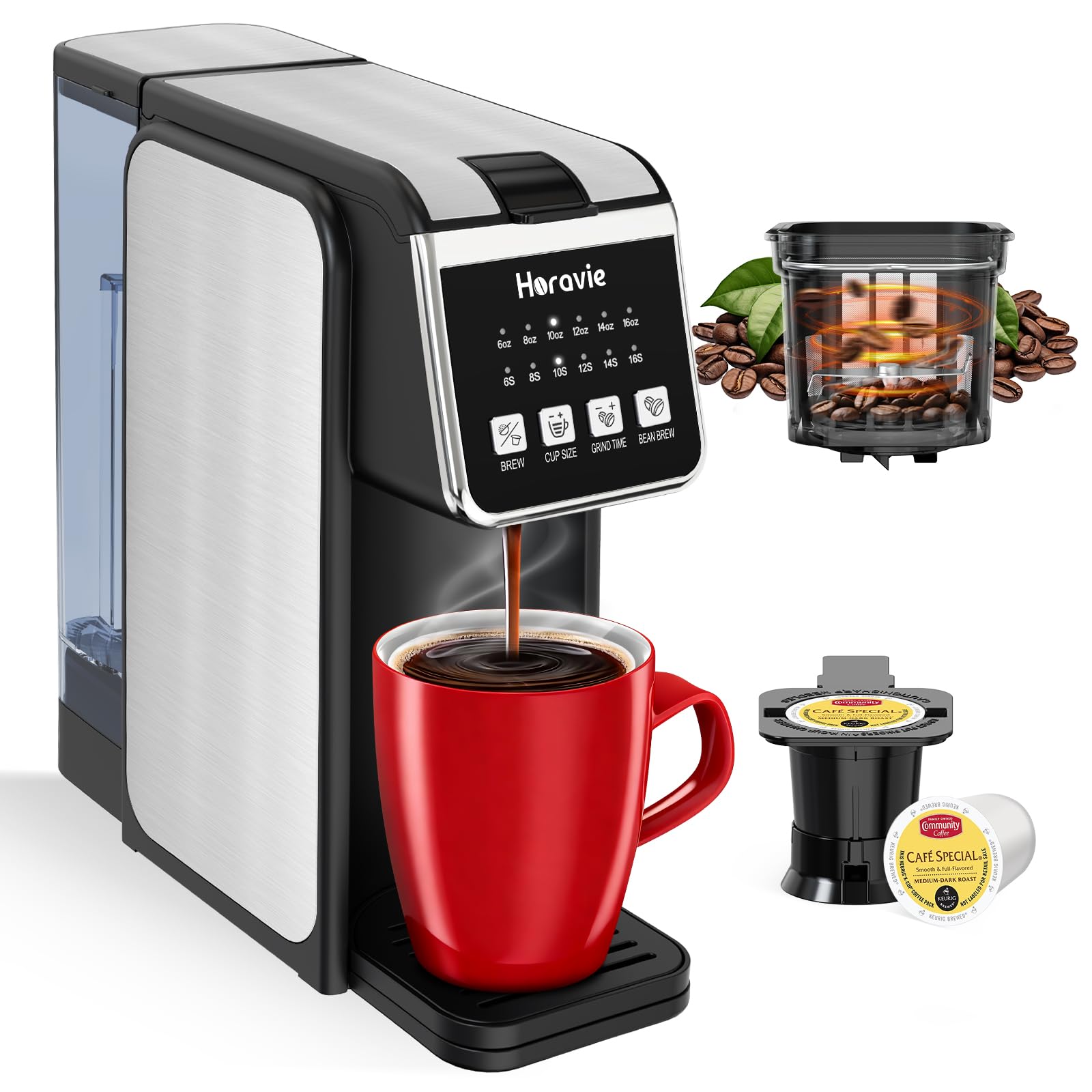 Horavie single-serve coffee maker with built-in grinder delivers fresh grounds on demand.