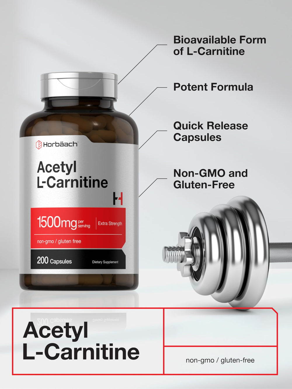 Horbäach Acetyl L-Carnitine 1500mg capsules arranged for convenient daily dosing