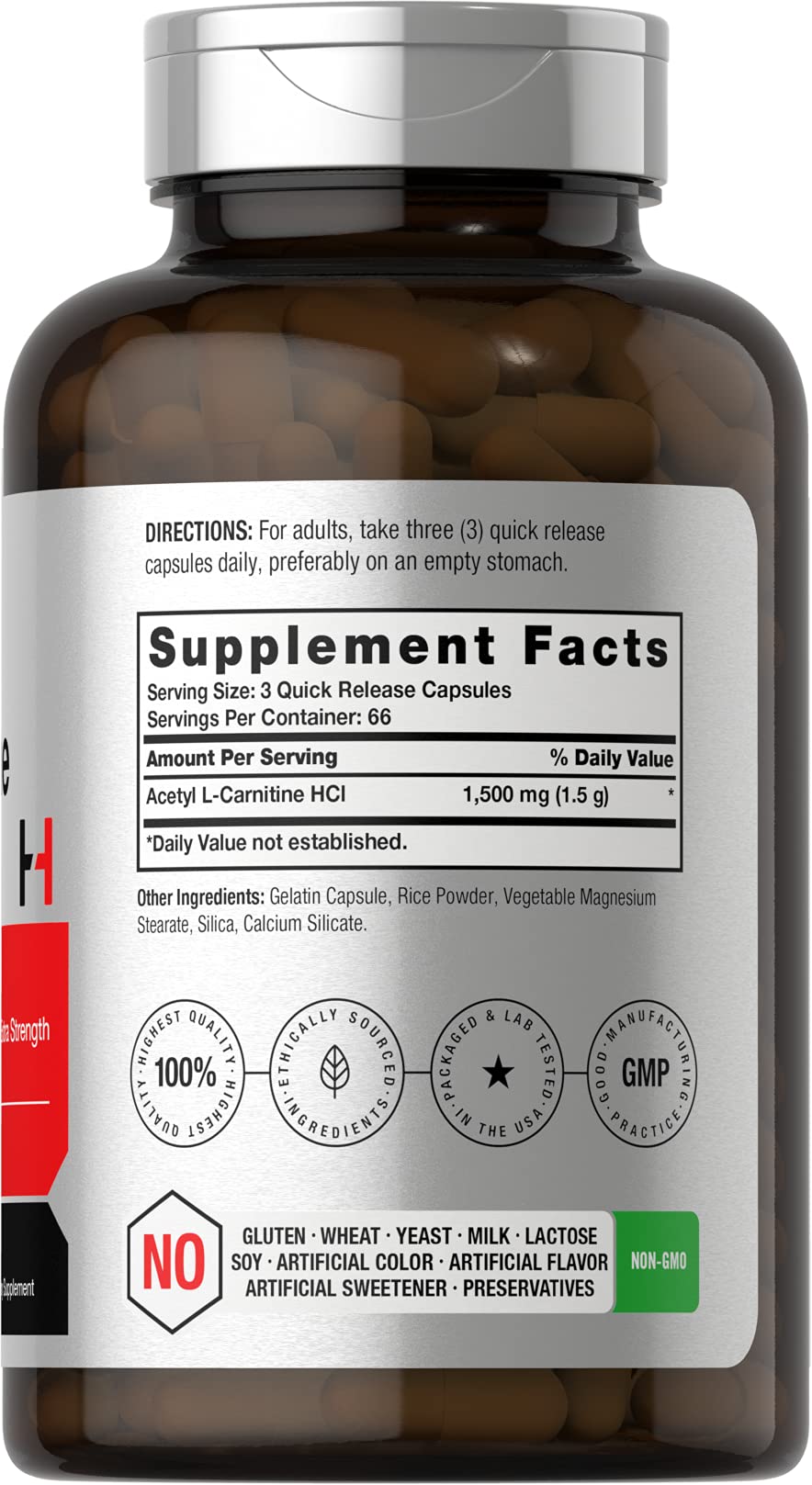 Close-up of Horbaach Acetyl L-Carnitine 1500mg label highlighting purity