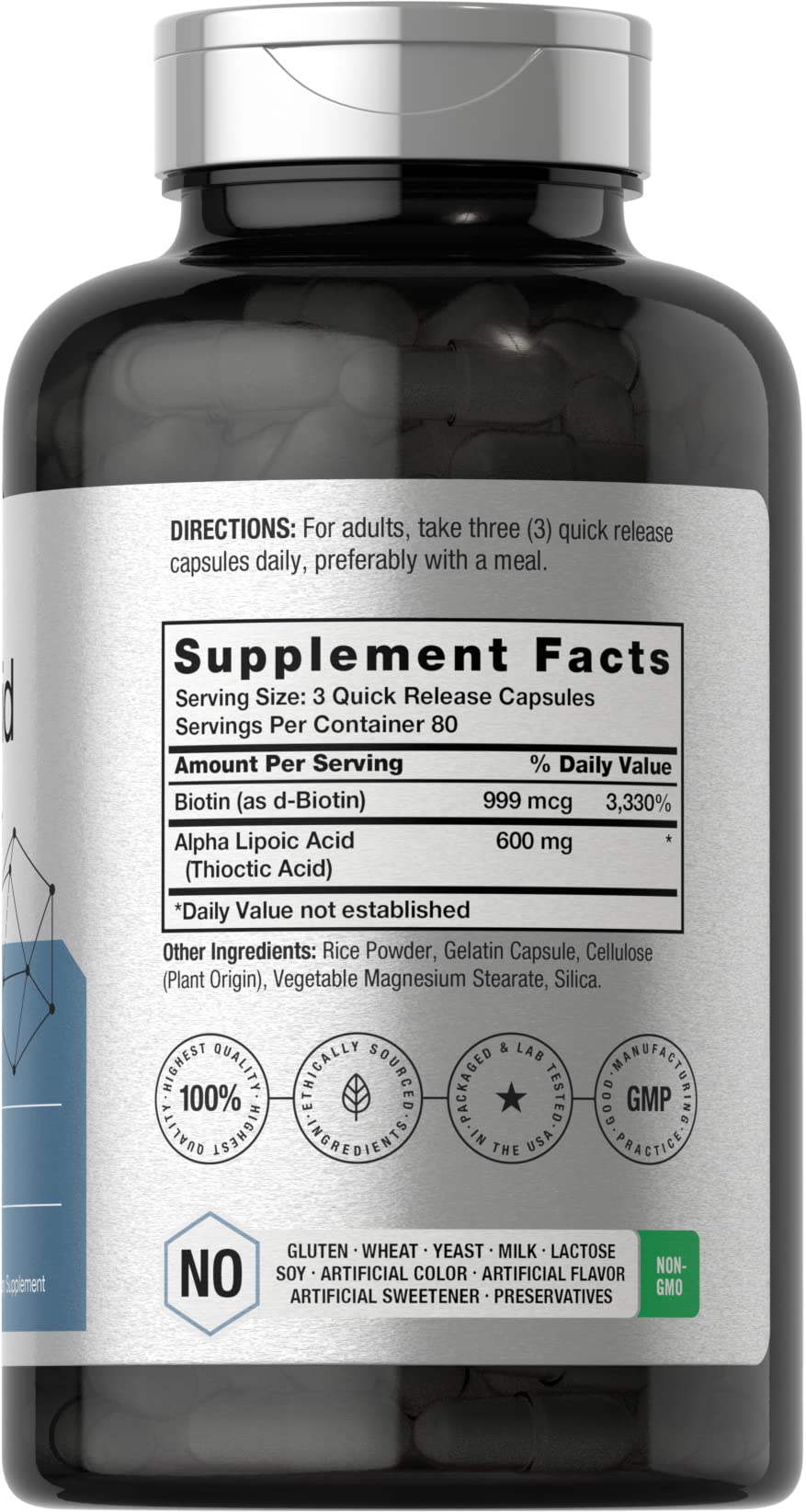 Horbäach Alpha Lipoic Acid 600mg capsules close-up, quick-release design.