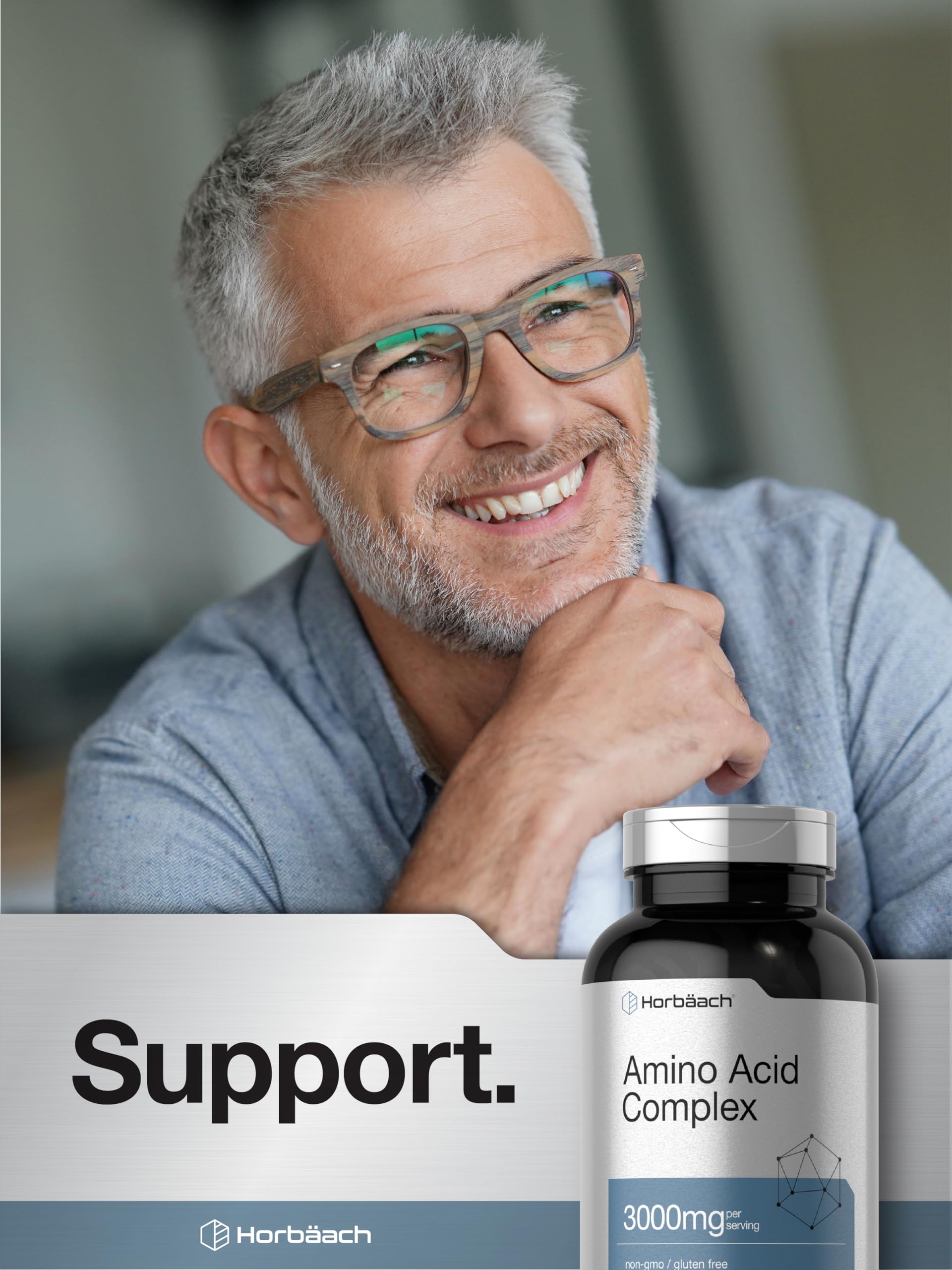 Horbaach Amino Acid Complex 3000mg gluten-free icon confirms suitability.