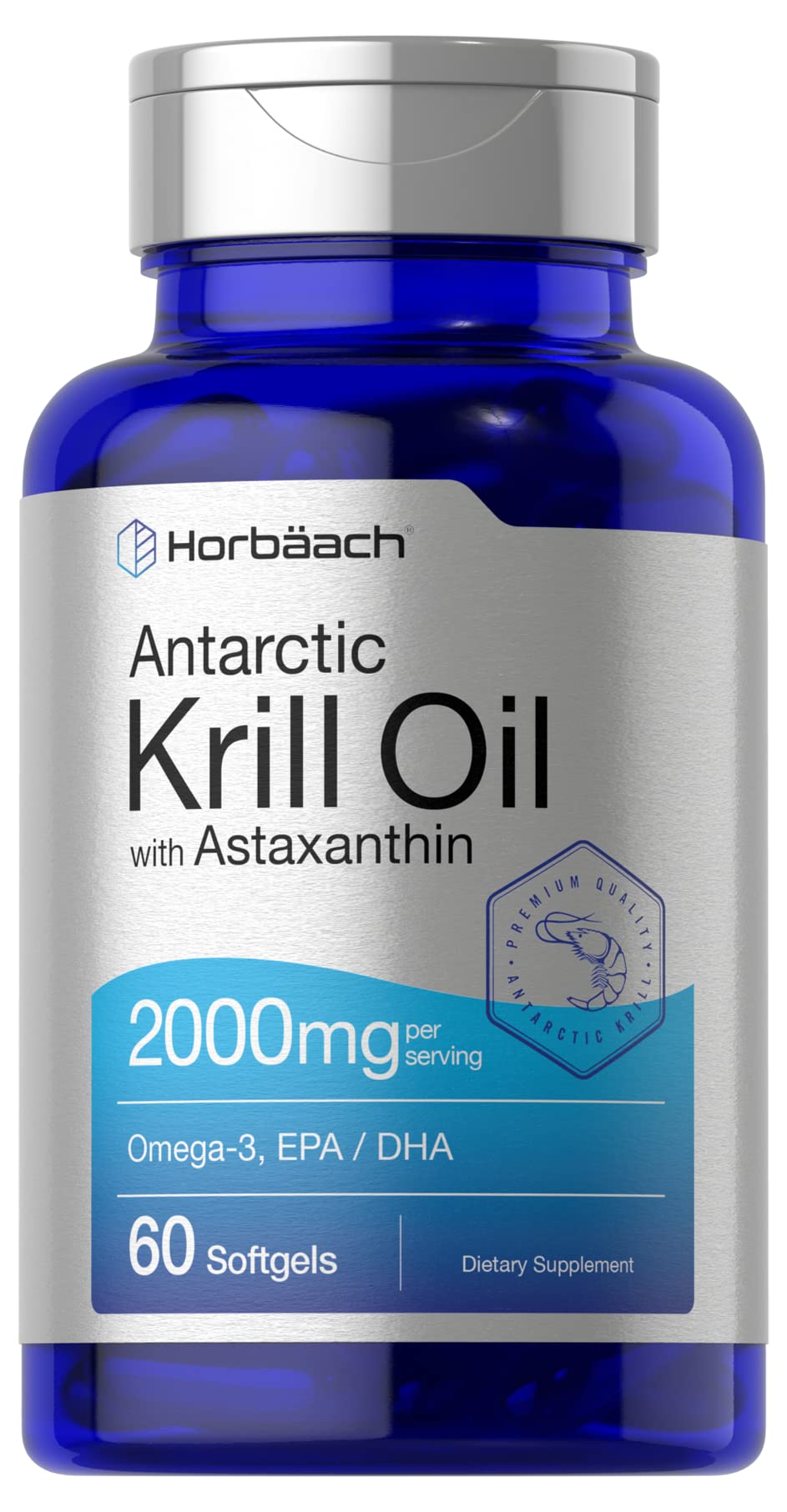Horbäach Antarctic Krill Oil 2000mg bottle with Astaxanthin for daily omega-3 support.