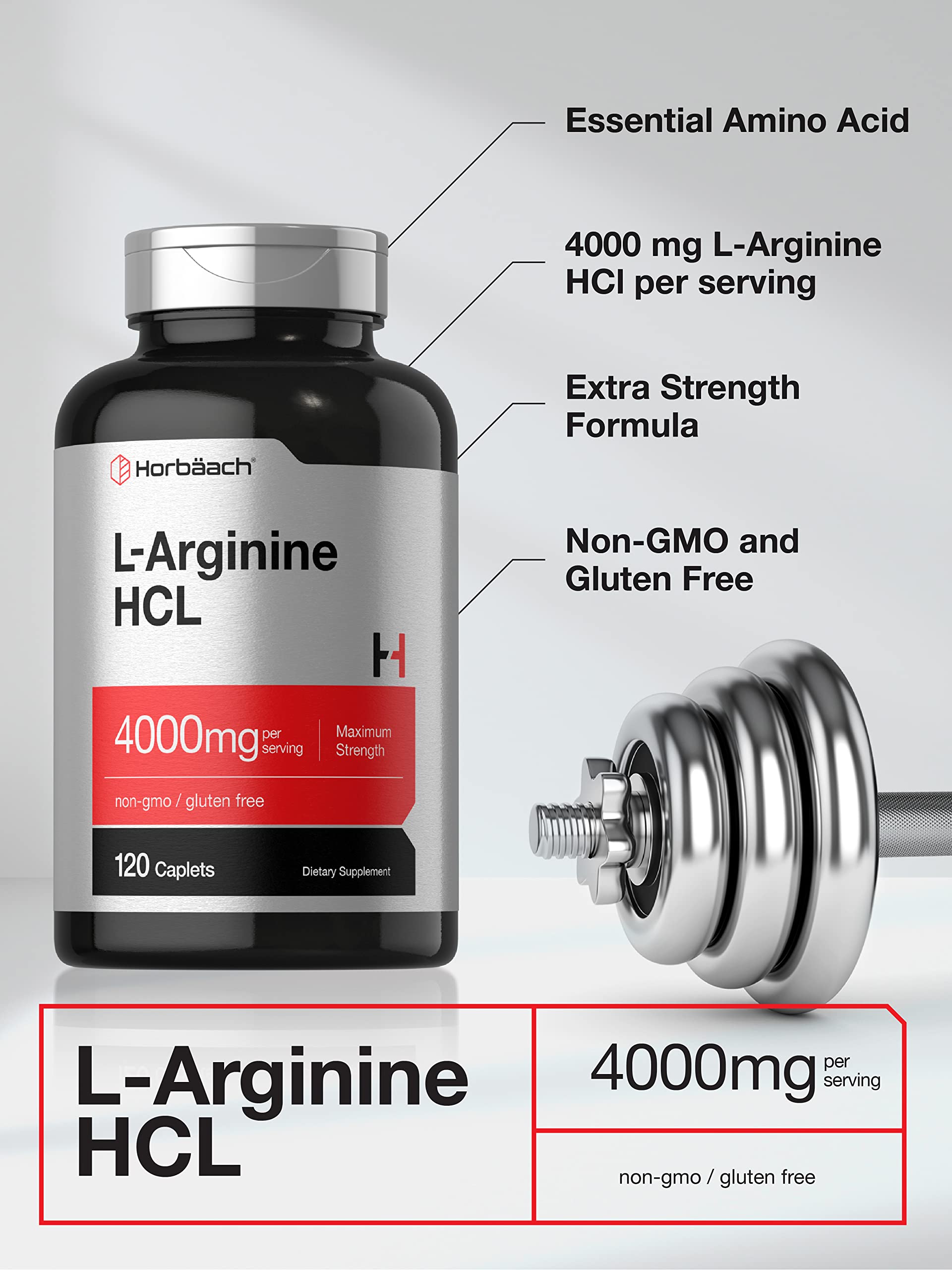 Horbaach L-Arginine 4000mg caplets with gluten-free label