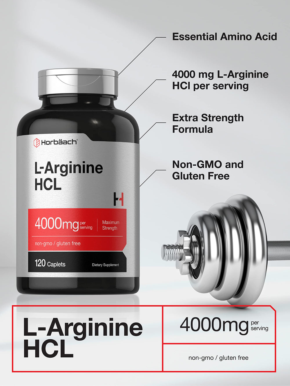 Horbaach L-Arginine 4000mg caplets with gluten-free label