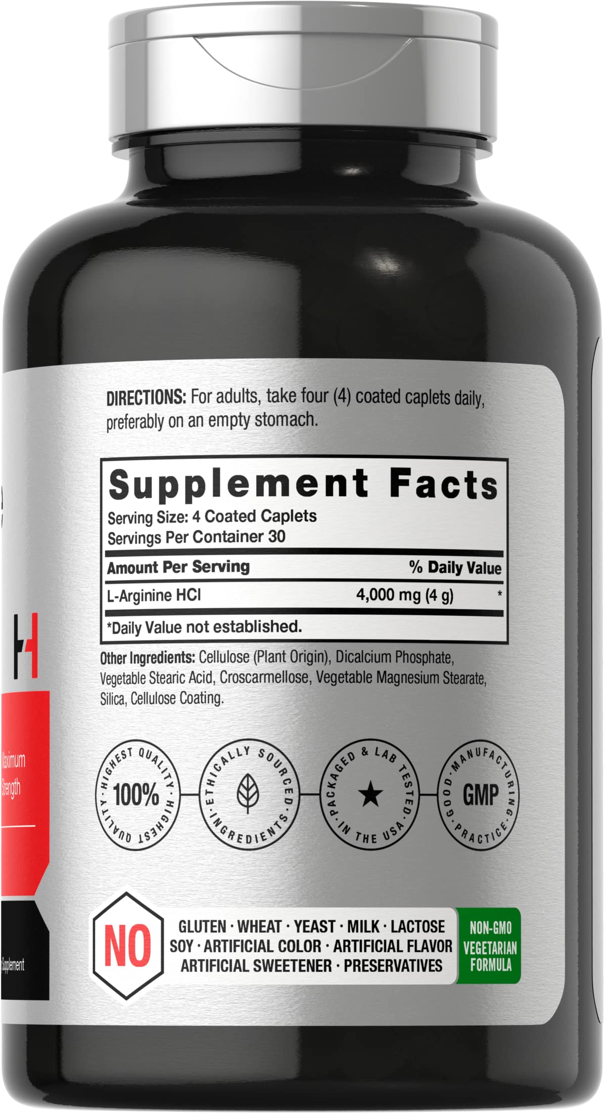 Horbaach L-Arginine 4000mg caplets in hand show vegetarian, non-GMO formula