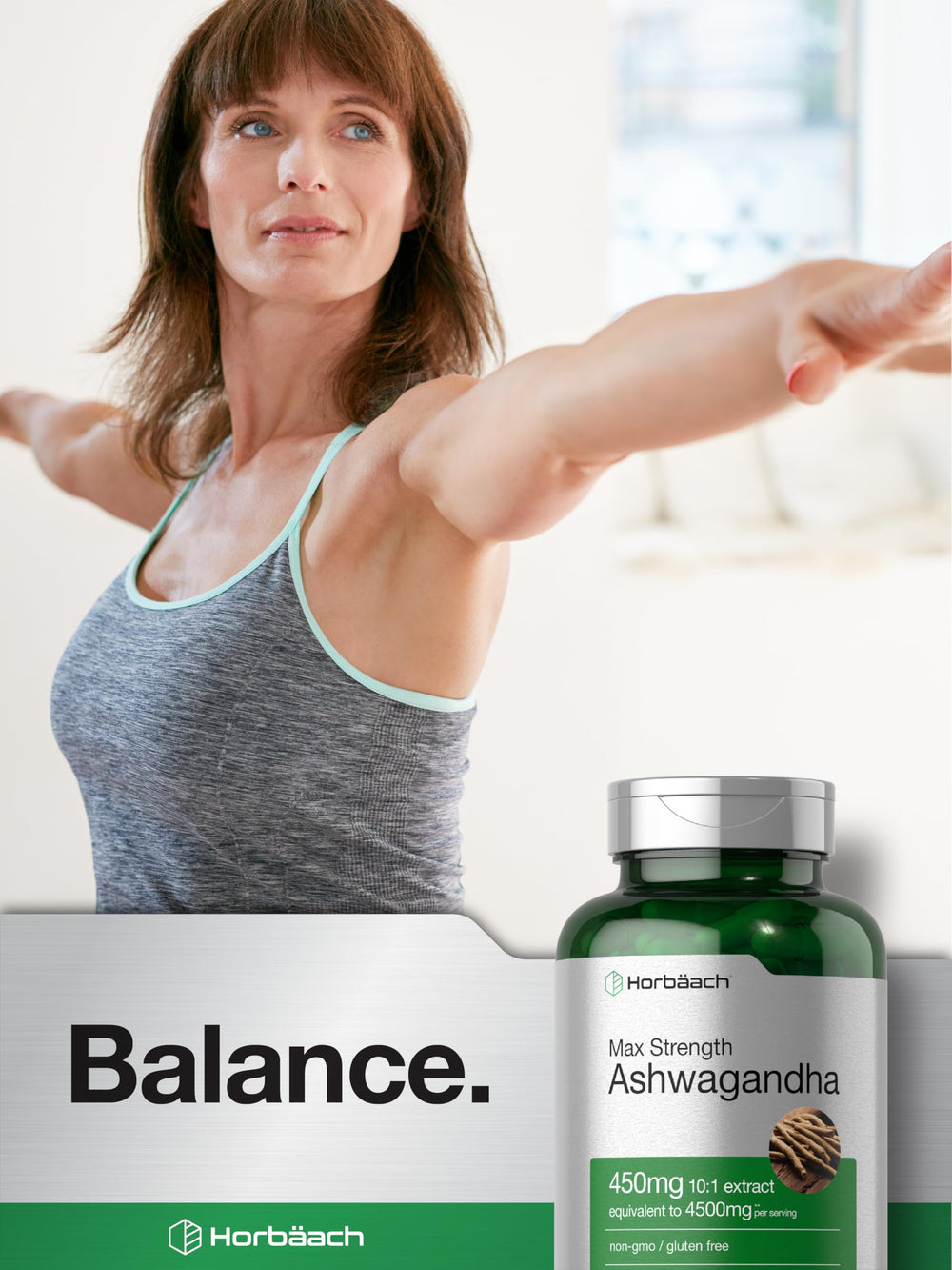 Horbäach Ashwagandha bottle with neutral backdrop for product presentation.