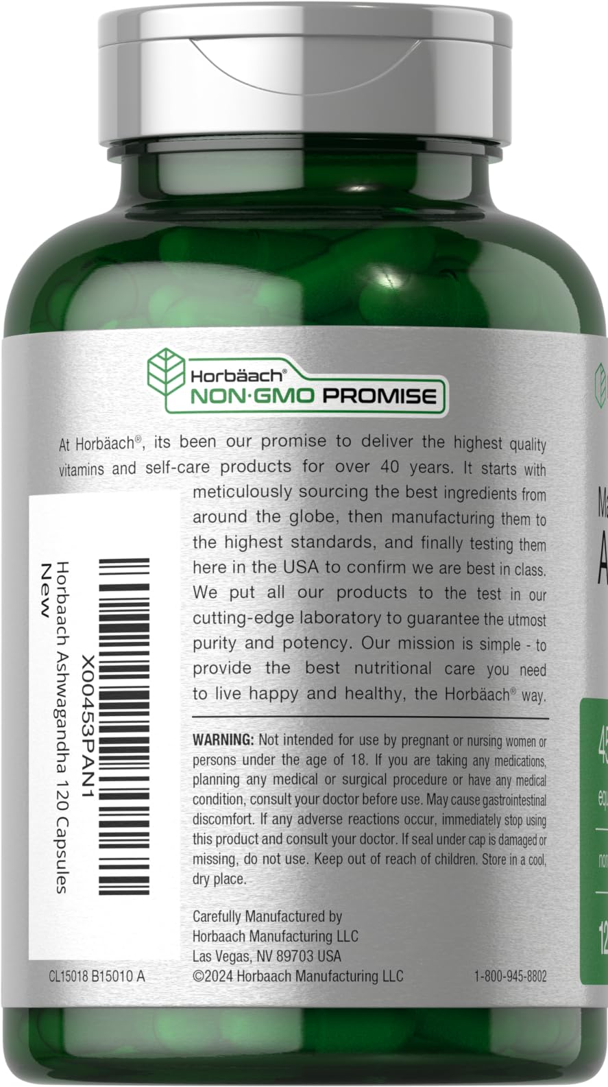 Horbäach Ashwagandha bottle front view with clean label and branding.