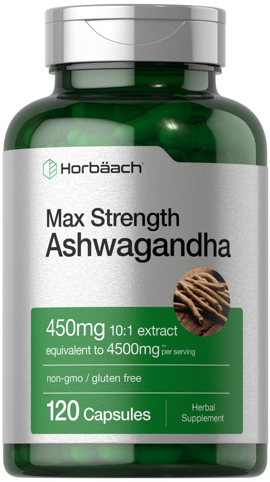 Horbäach Ashwagandha bottle label close-up highlighting max strength formula for daily wellness.