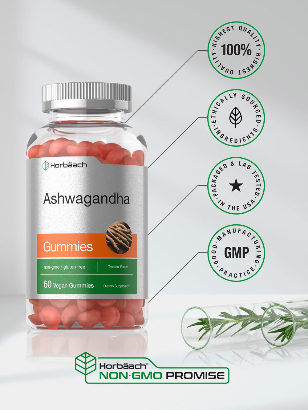 Horbaach Ashwagandha Gummies tropical flavor gummies with fruit background and vibrant colors.