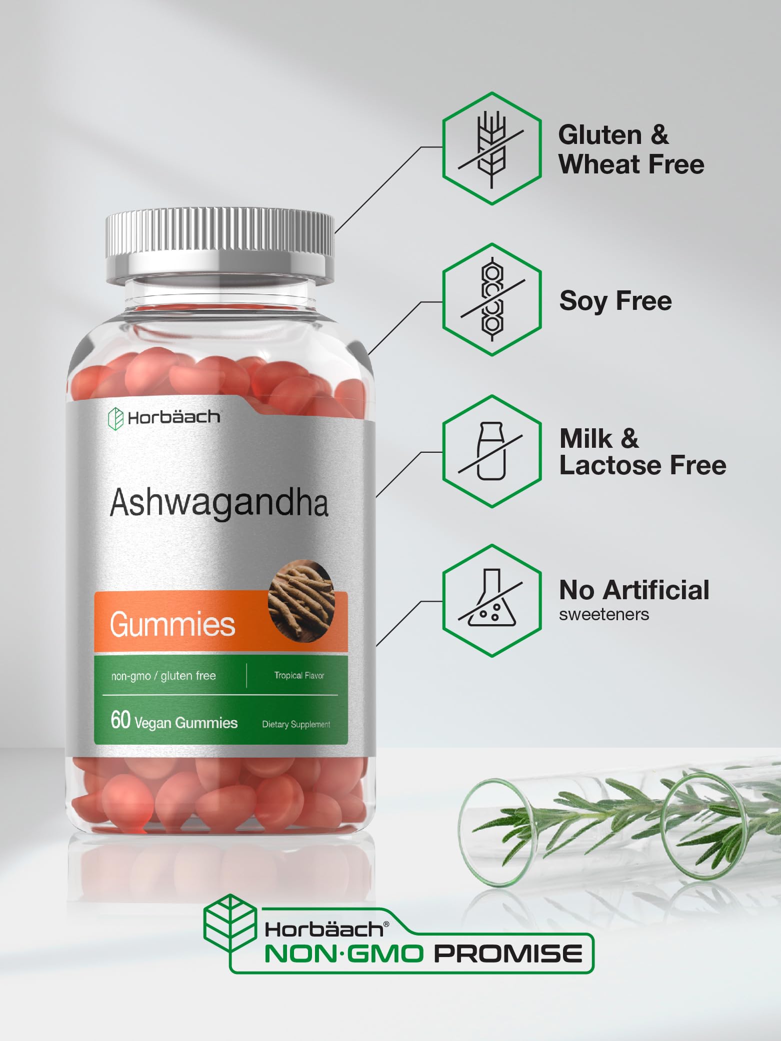 Horbaach Ashwagandha Gummies tropical flavor packaging on shelf for easy access.