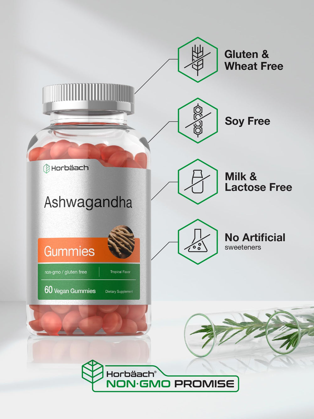 Horbaach Ashwagandha Gummies tropical flavor packaging on shelf for easy access.