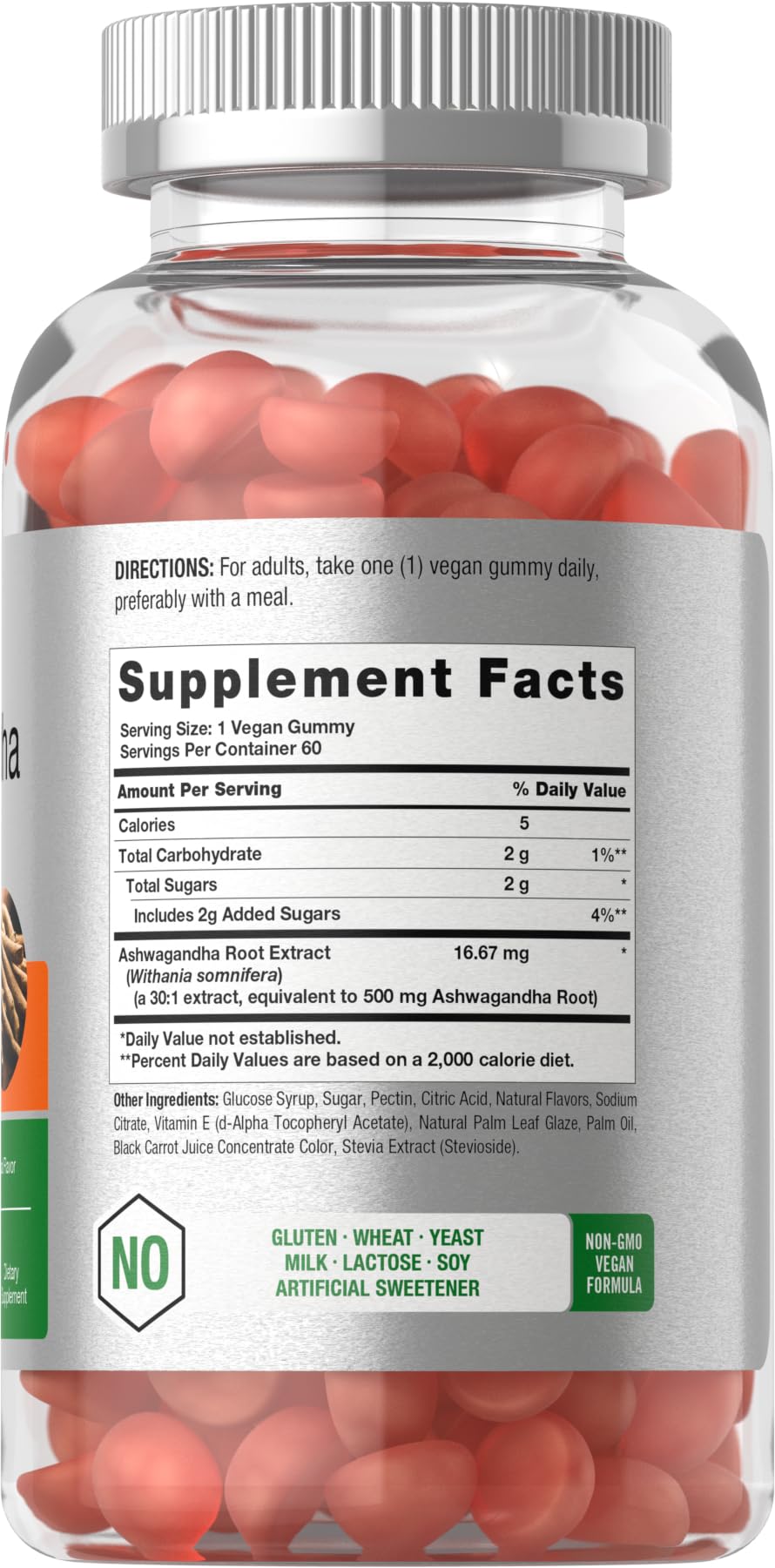 Horbaach Ashwagandha Gummies tropical flavor jar close up highlighting vegan formula.
