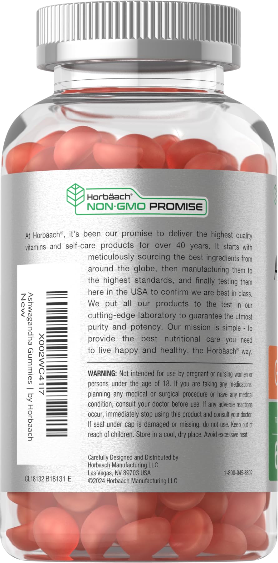 Horbaach Ashwagandha Gummies tropical flavor label close up showing ingredients.