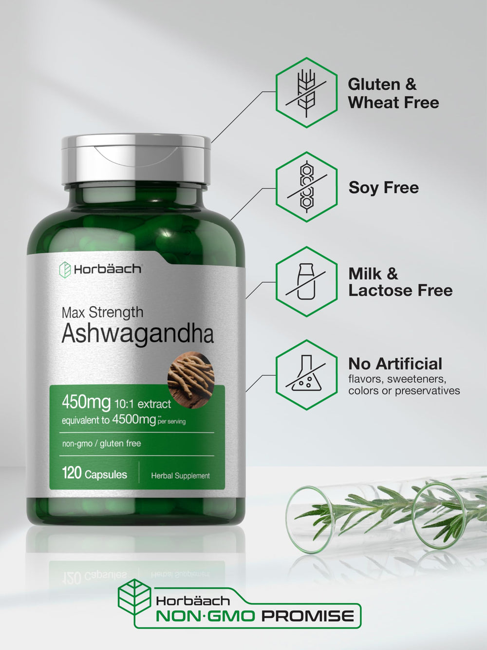 Horbäach Ashwagandha Non-GMO icon on bottle emphasizes quality standards.