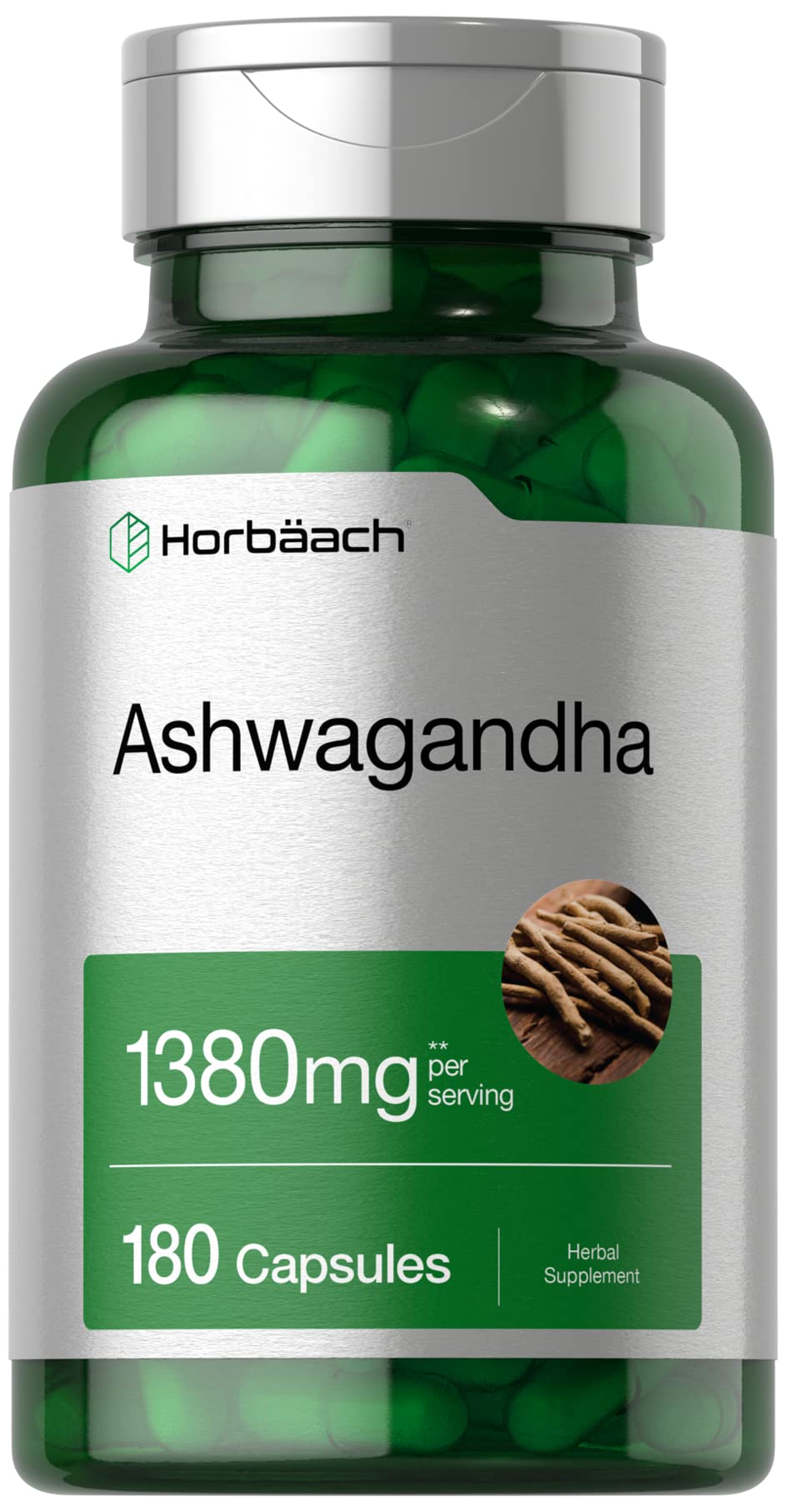 Horbaach Ashwagandha root bottle for daily balance.