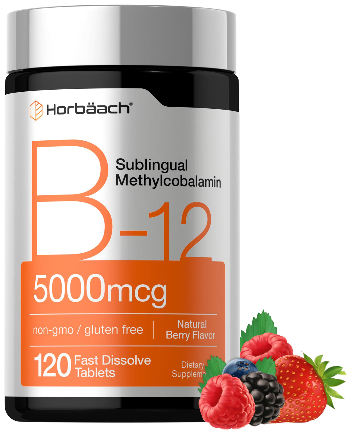 Horbaach B12 berry-flavor tablets for quick sublingual absorption and daily support.