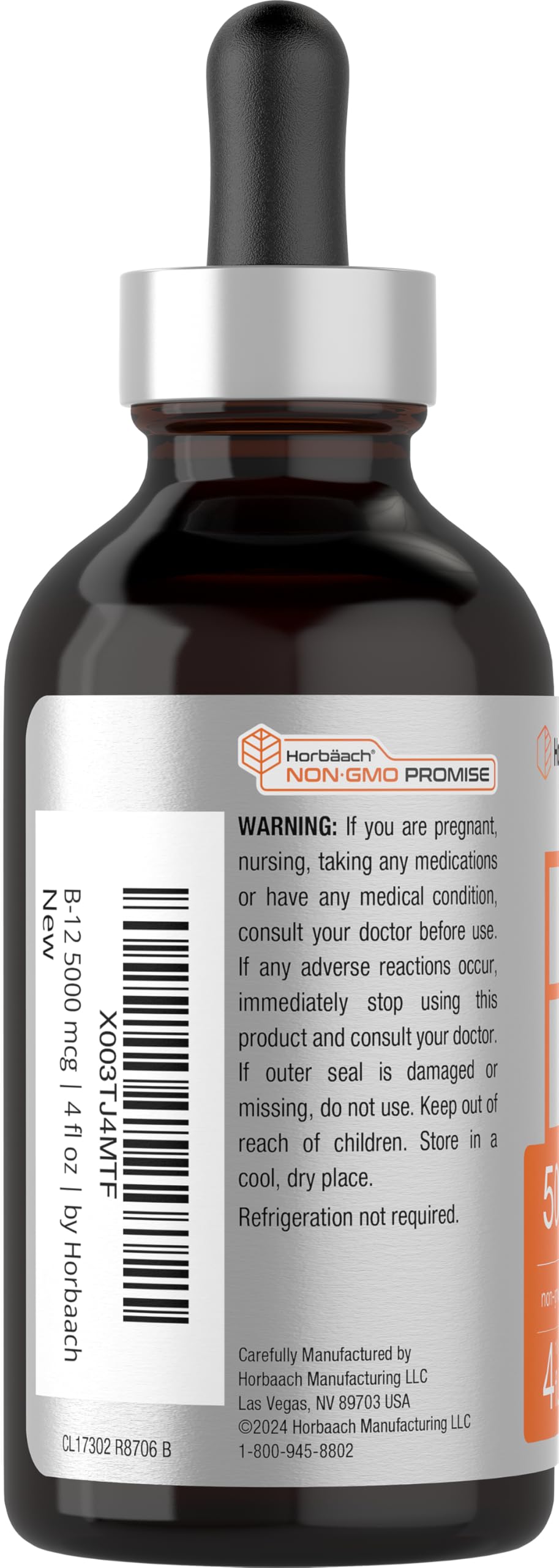 Horbaach B12 bottle label highlighting vegan, gluten-free, non-GMO formula.