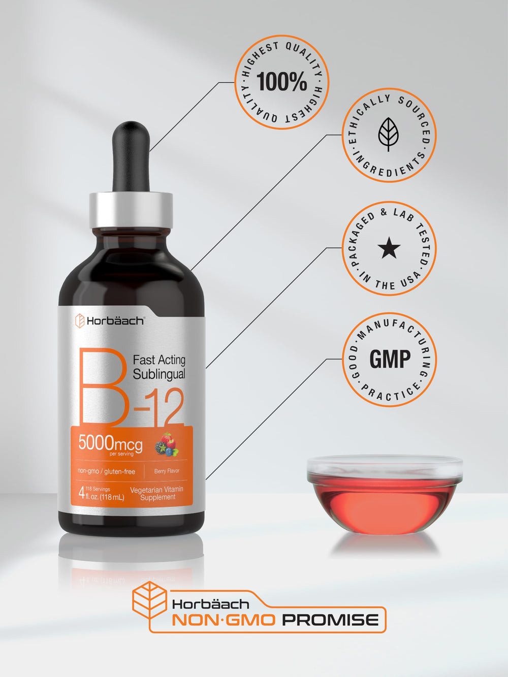 Cap and droplet of Horbaach B12 bottle ready to add to daily routine.