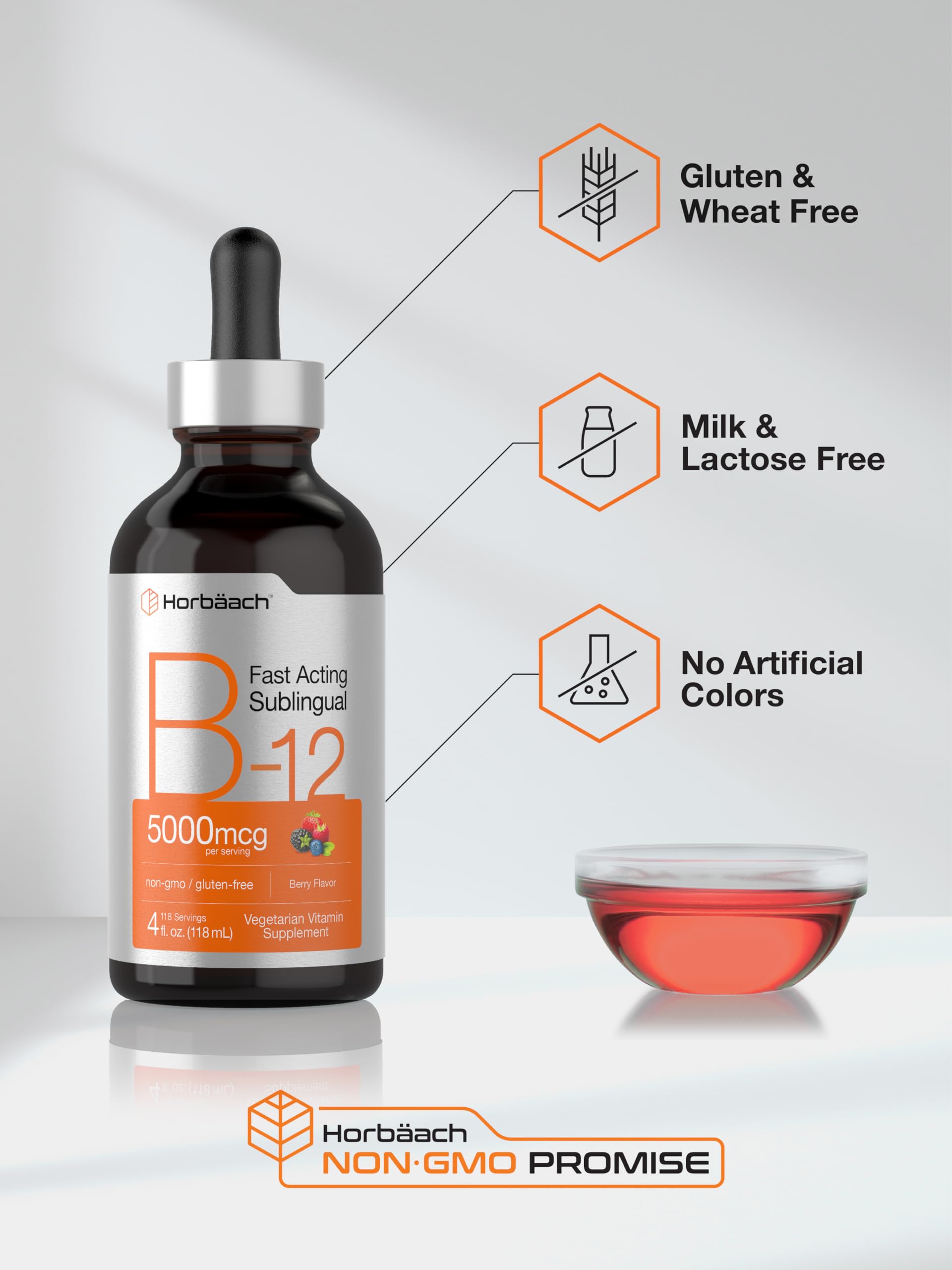 Sublingual dropper from Horbaach B12 bottle demonstrates 5,000 mcg per serving.