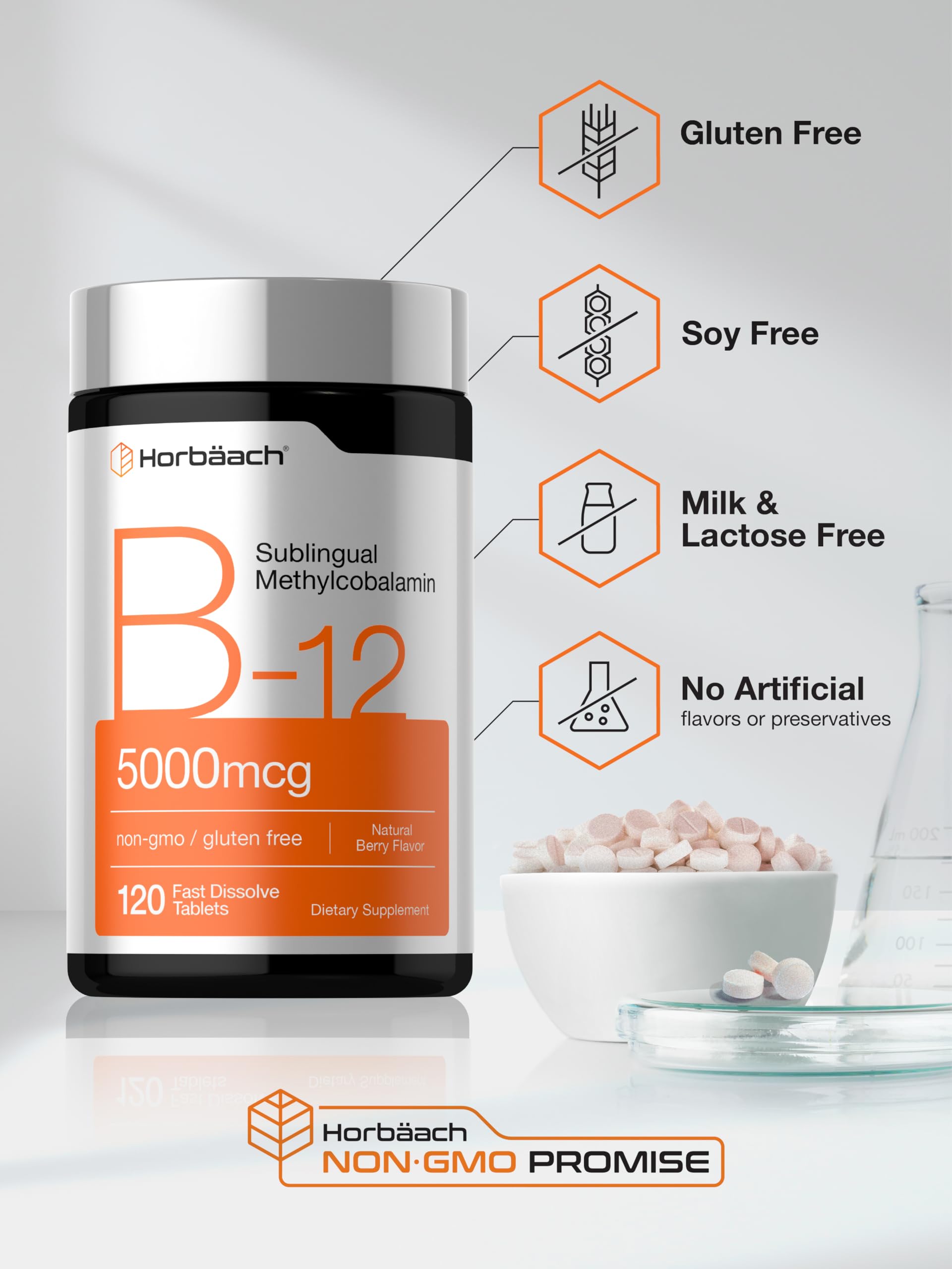 Horbaach B12 non-GMO and gluten-free supplement label.