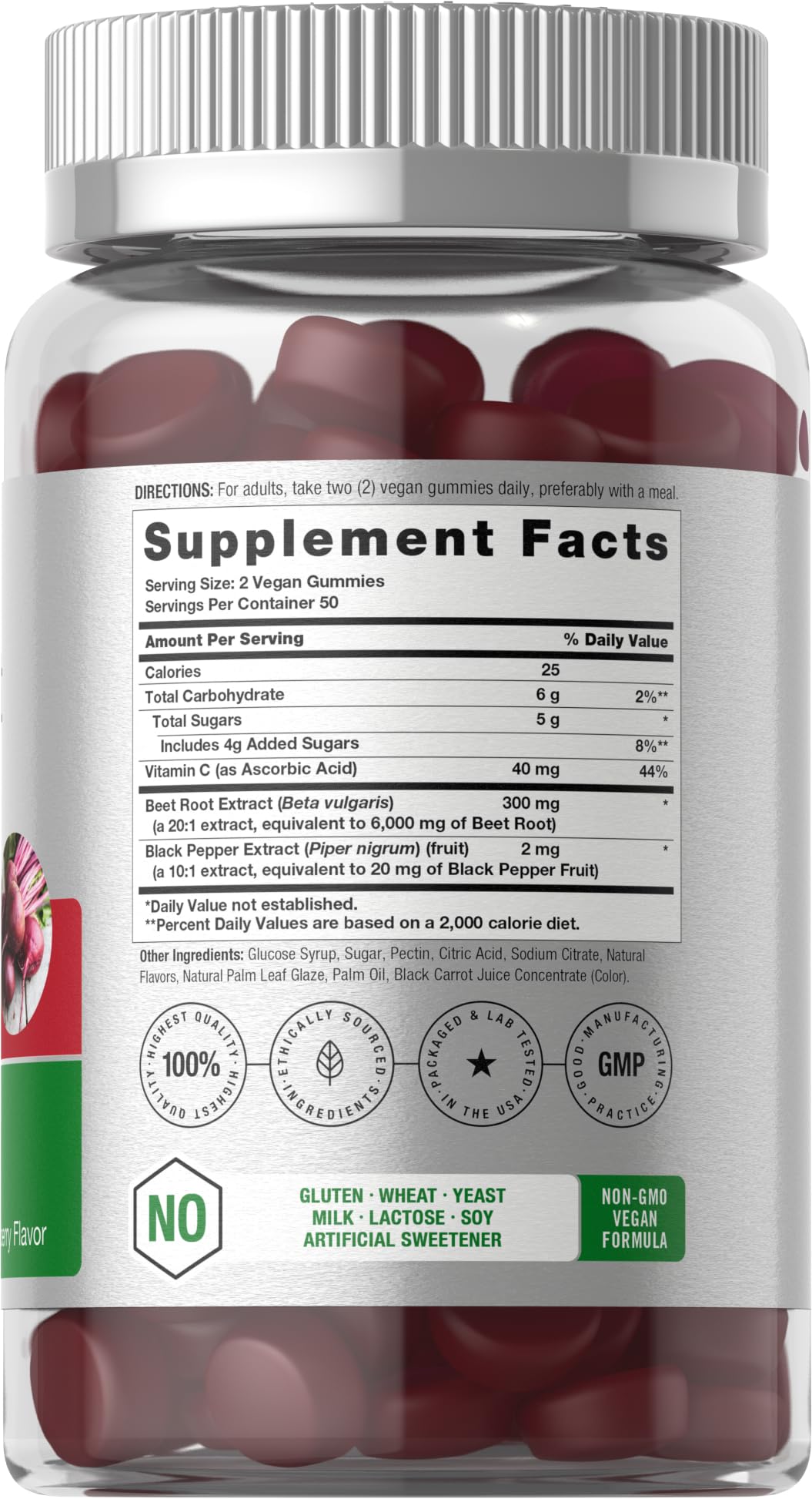 Horbaach Beet Root Gummies strawberry flavor jar highlighting gluten-free non-GMO option