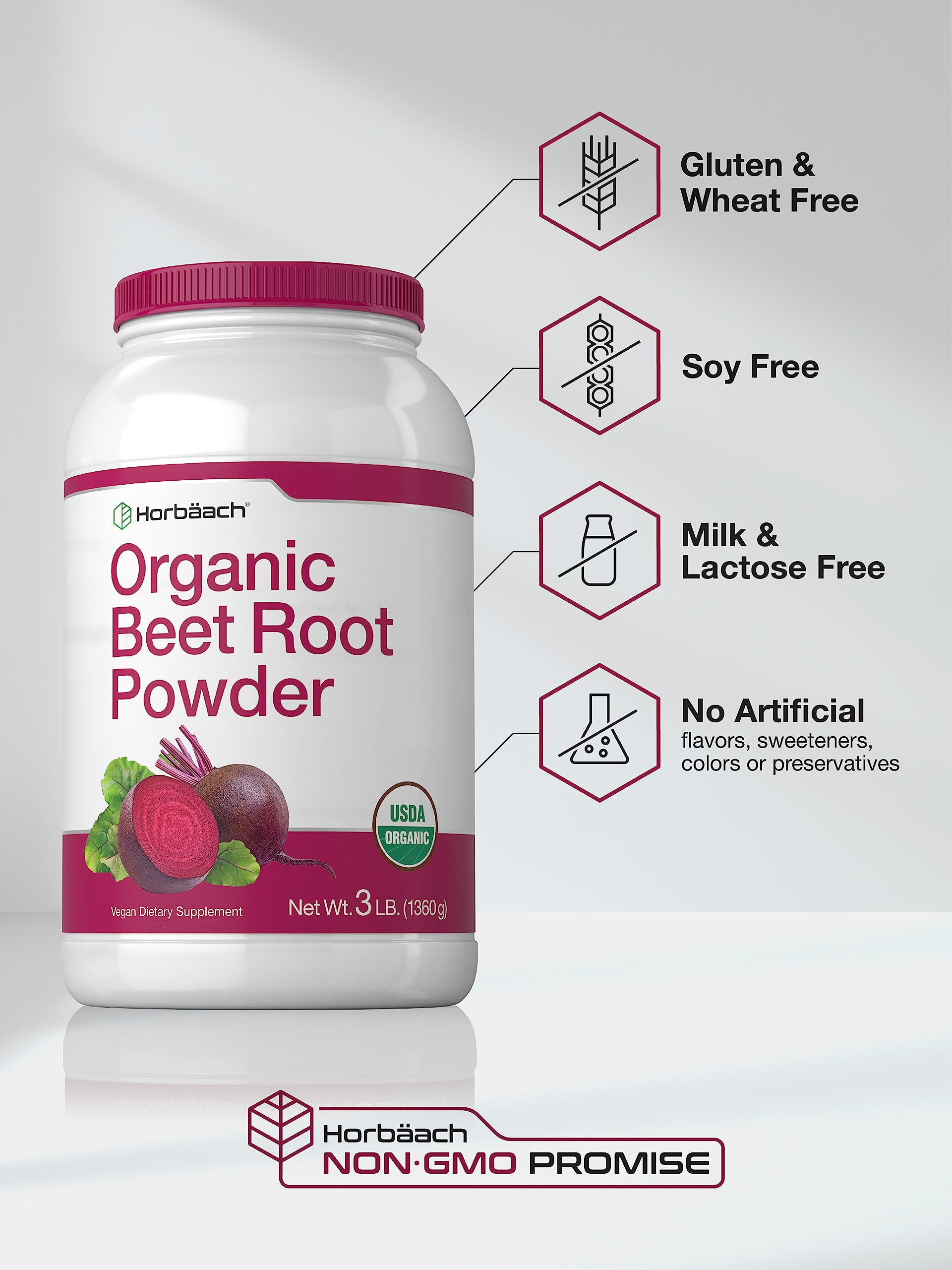 Horbäach beet root powder bulk jar demonstrates value for bulk purchases.