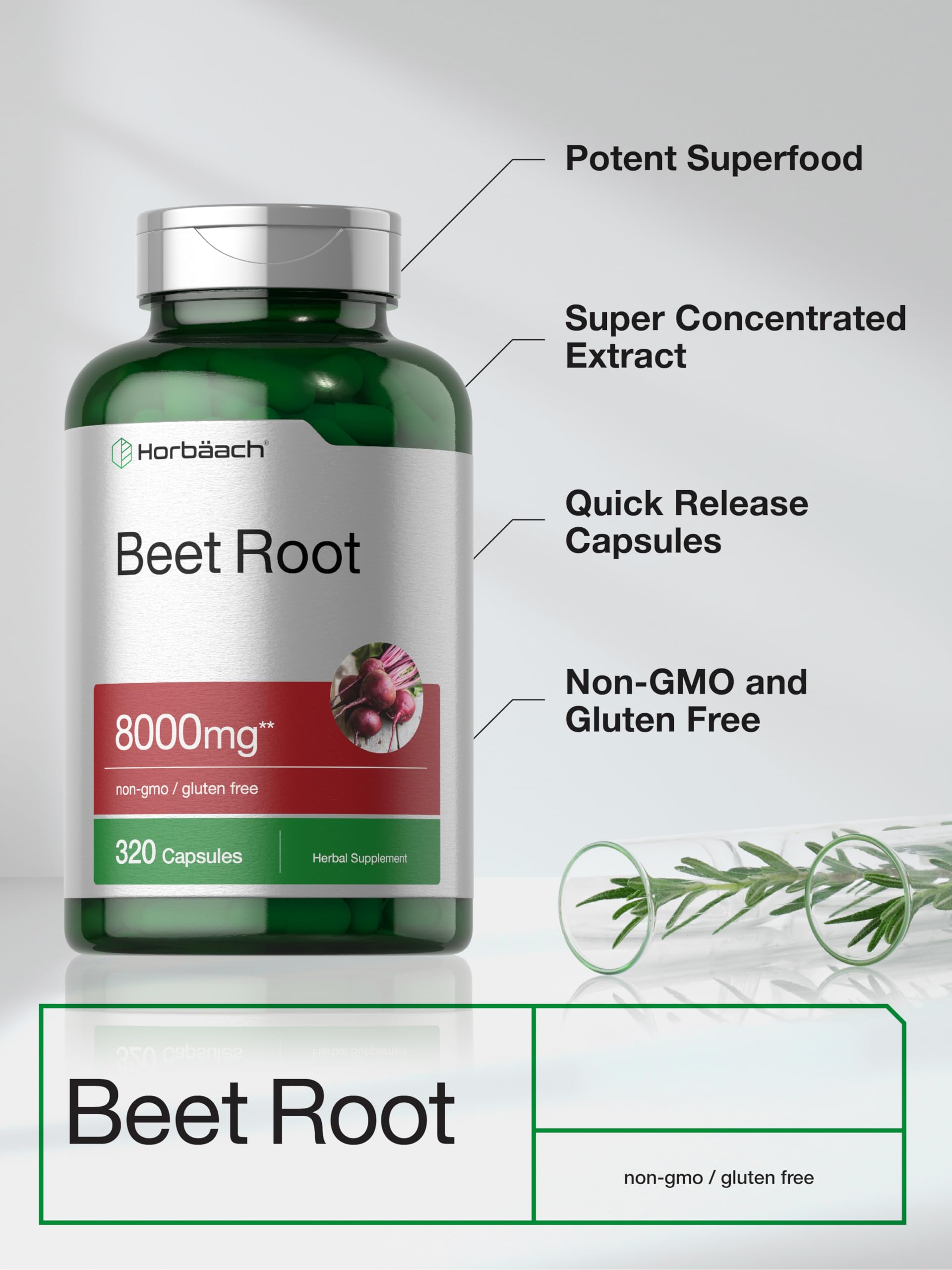 Closeup of Horbäach capsules emphasizing concentrated beet root extract per serving.