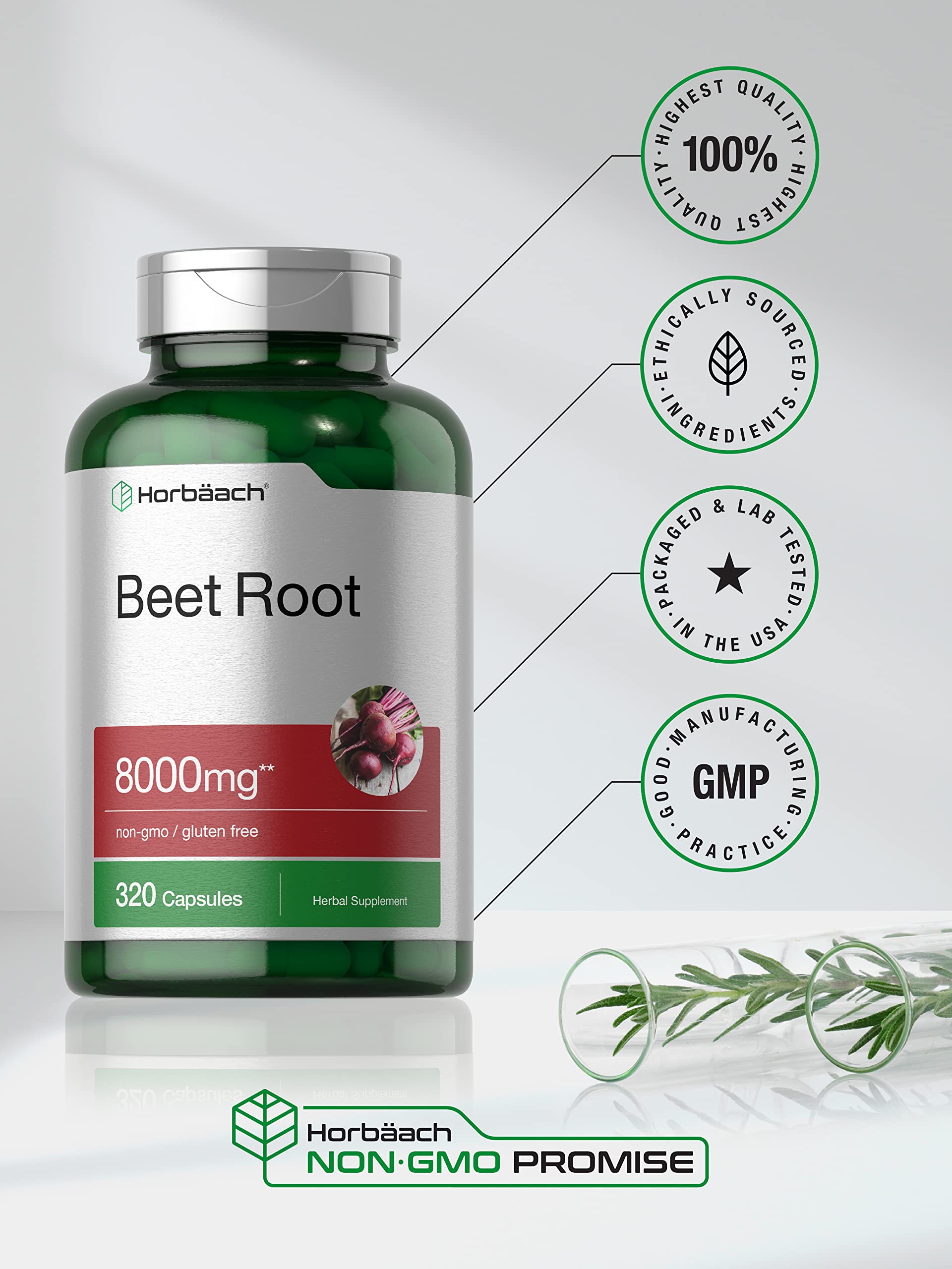Front view of Horbäach beet root capsules bottle emphasizing clean, lab-tested quality.