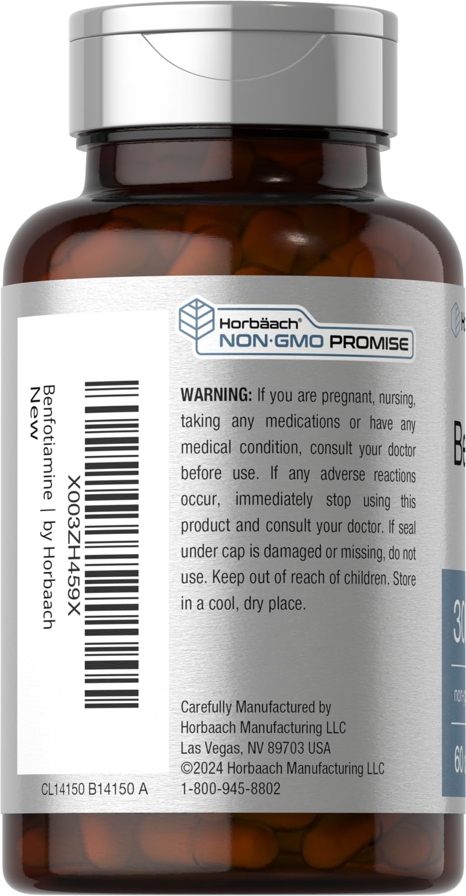 Horbaach Benfotiamine label front showing gluten-free, non-GMO formula