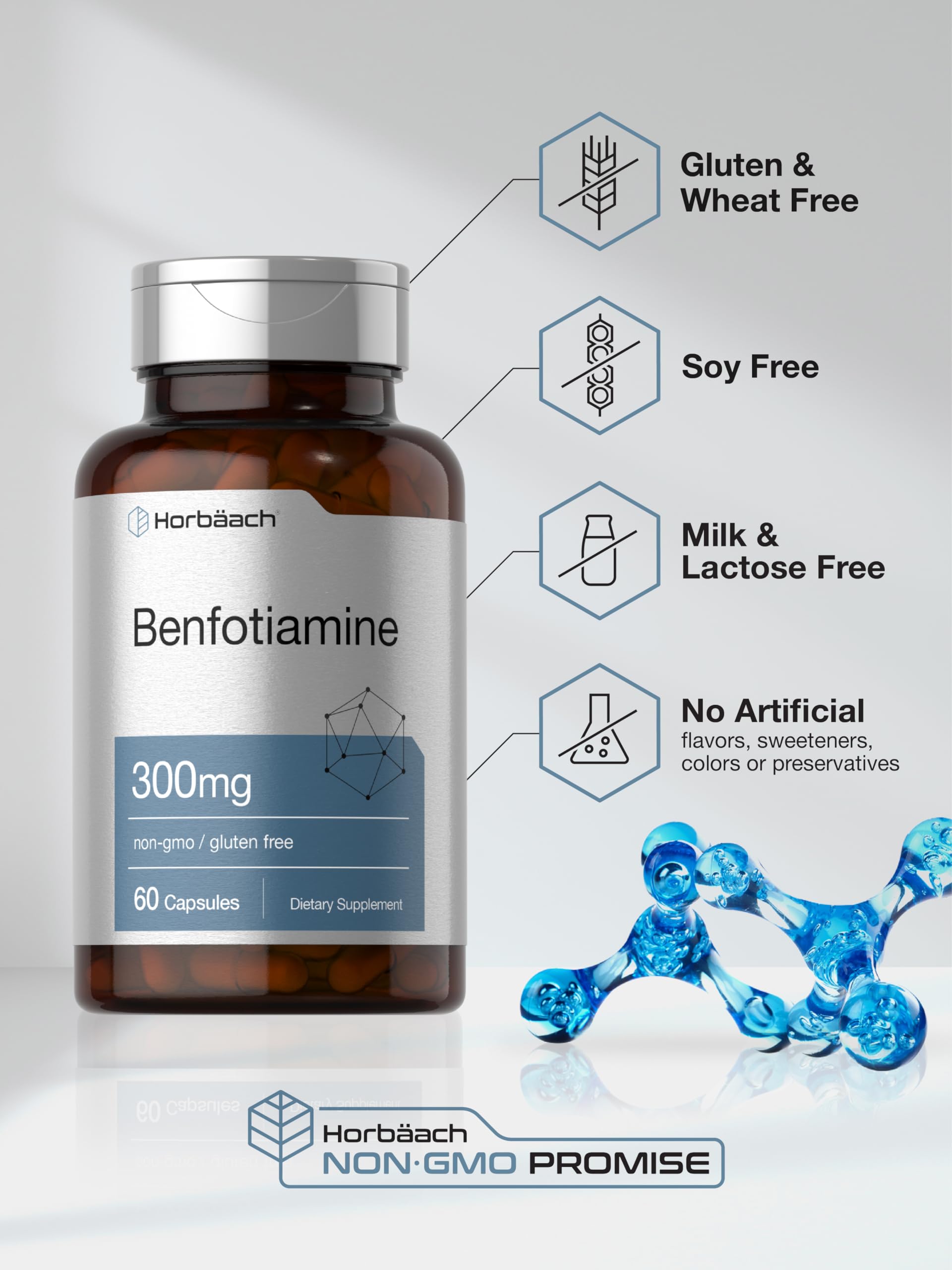 Horbaach Benfotiamine bottle with non-GMO seal and clear ingredients
