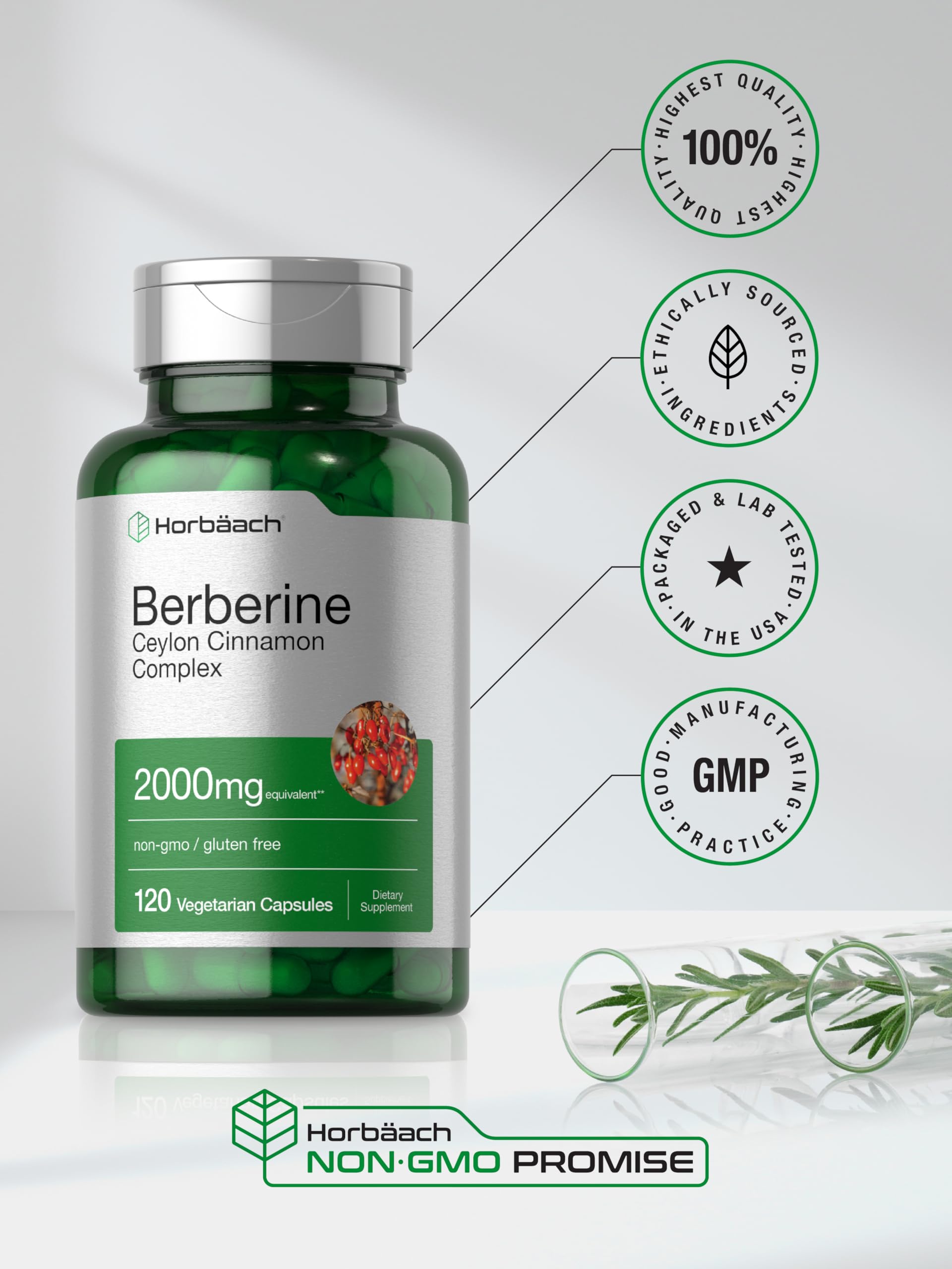 Horbäach Berberine Cinnamon bottle pouring capsules into a cup for daily dosage.