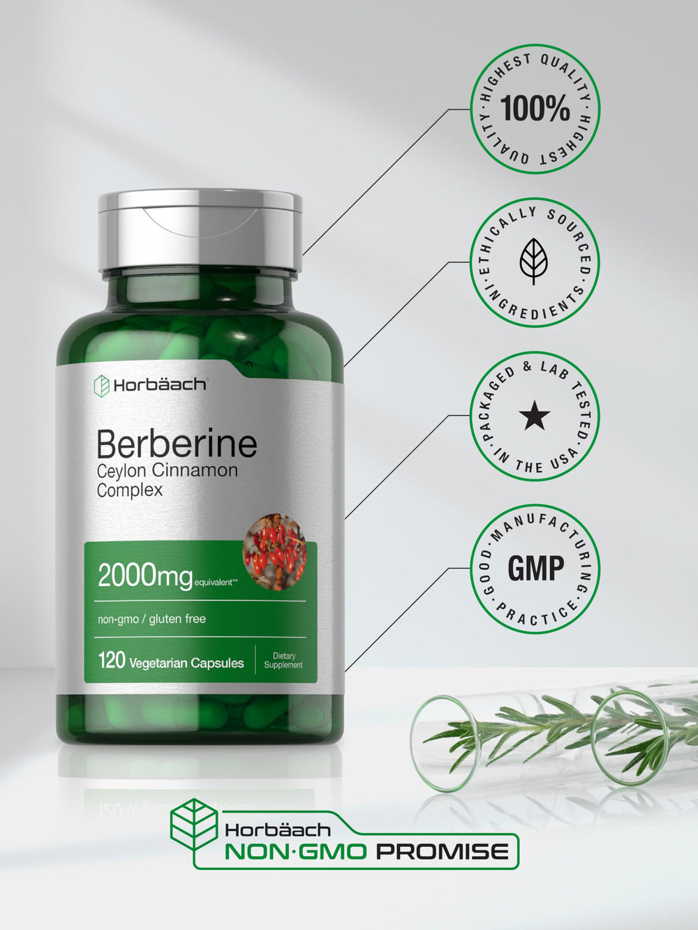 Horbäach Berberine Cinnamon bottle pouring capsules into a cup for daily dosage.