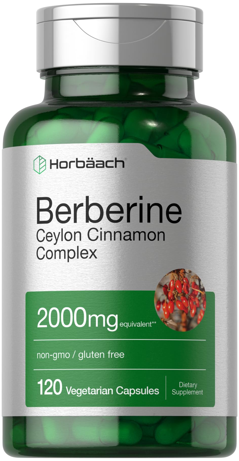 Horbäach Berberine Cinnamon bottle on shelf showing vegetarian capsules for daily use.