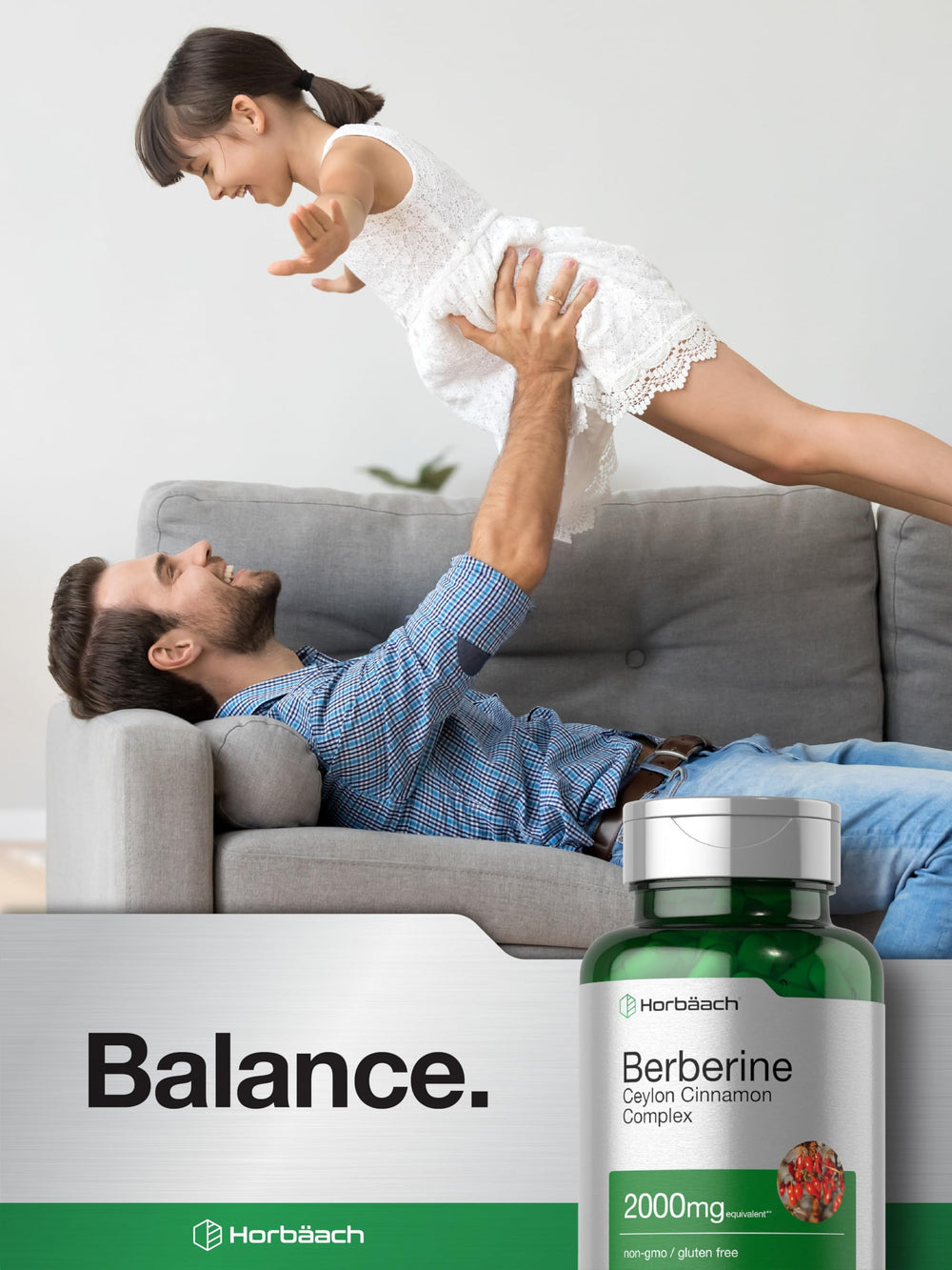 Lifestyle scene with Horbaach Berberine Cinnamon capsules on a kitchen counter.