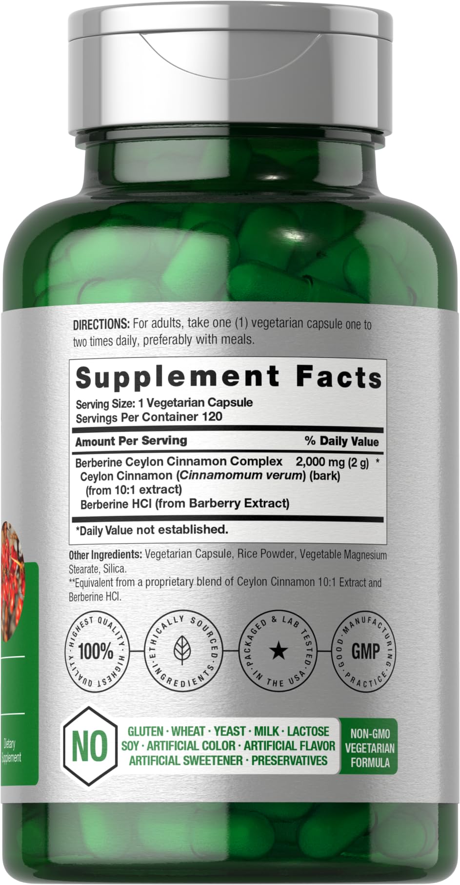 Close-up of Horbaach Berberine Cinnamon label highlighting gluten-free and non-GMO blend.