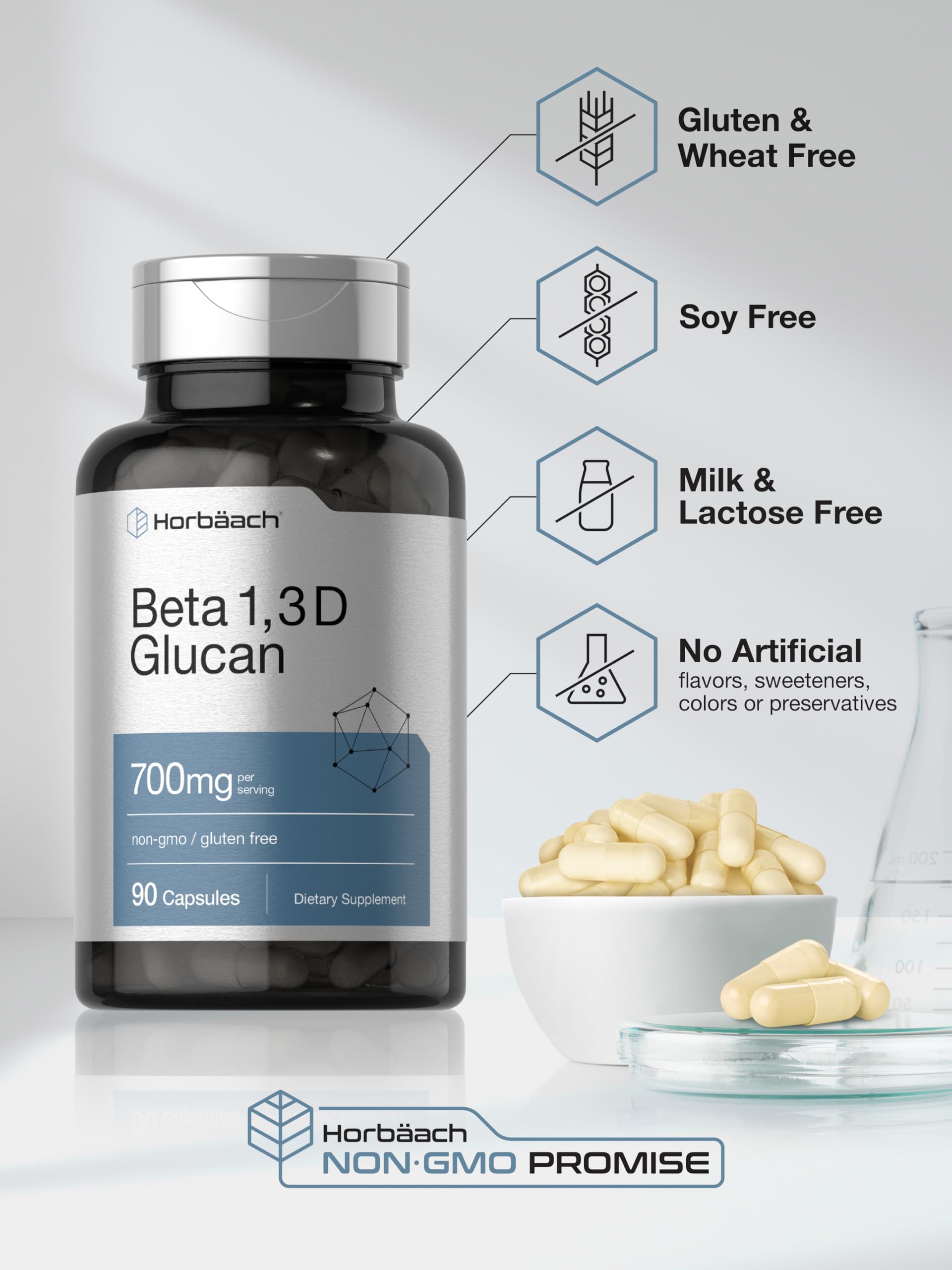 Horbäach Beta Glucan capsules being dispensed for easy dosing.