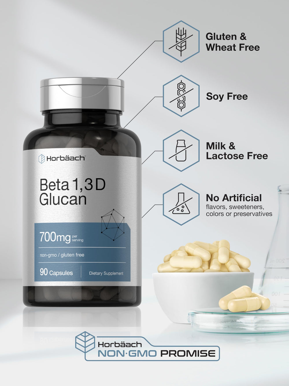 Horbäach Beta Glucan capsules being dispensed for easy dosing.