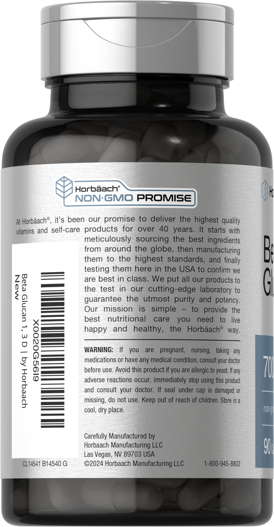 Horbäach Beta Glucan label detail showing non-GMO and gluten-free claims.