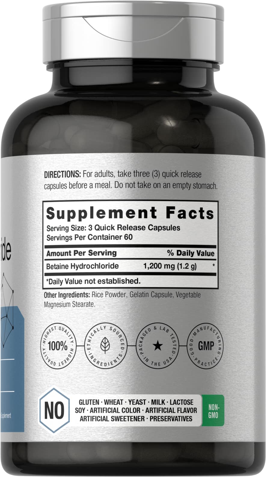 Horbäach Betaine HCl capsules close-up highlighting high-potency quick-release formula