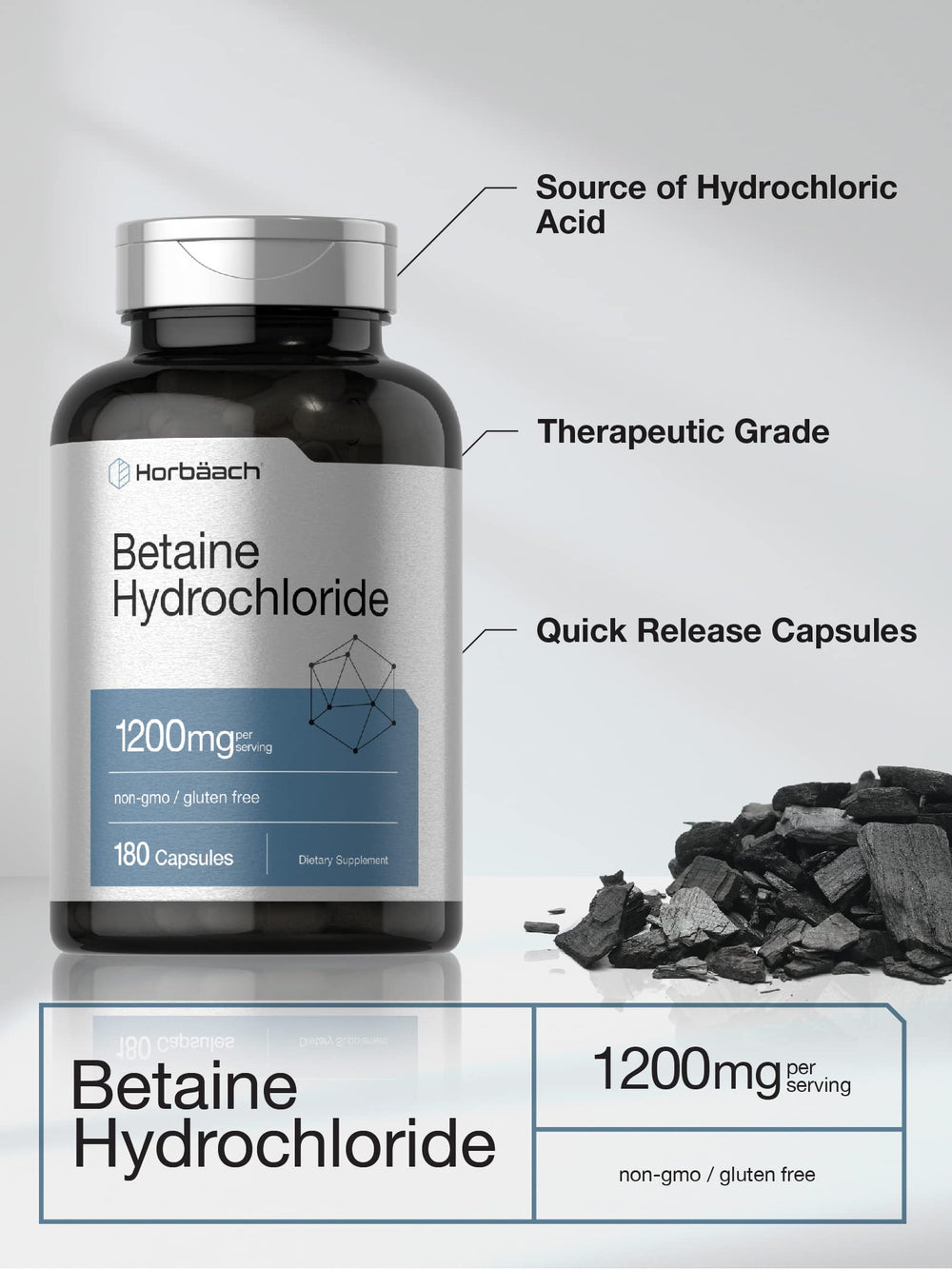 Horbäach Betaine HCl label details show non-GMO and gluten-free features