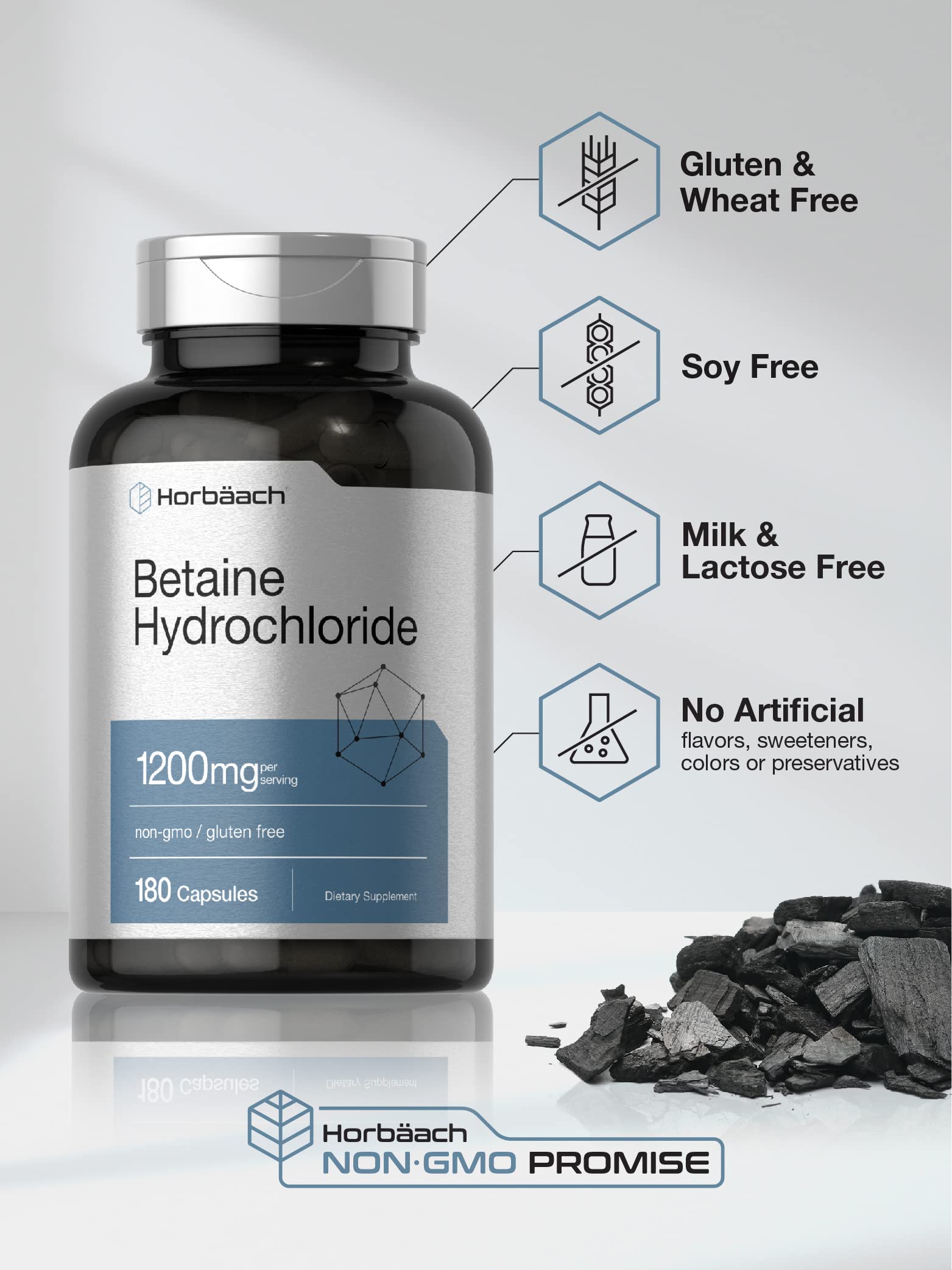 Horbäach Betaine HCl packaging scene on a clean countertop