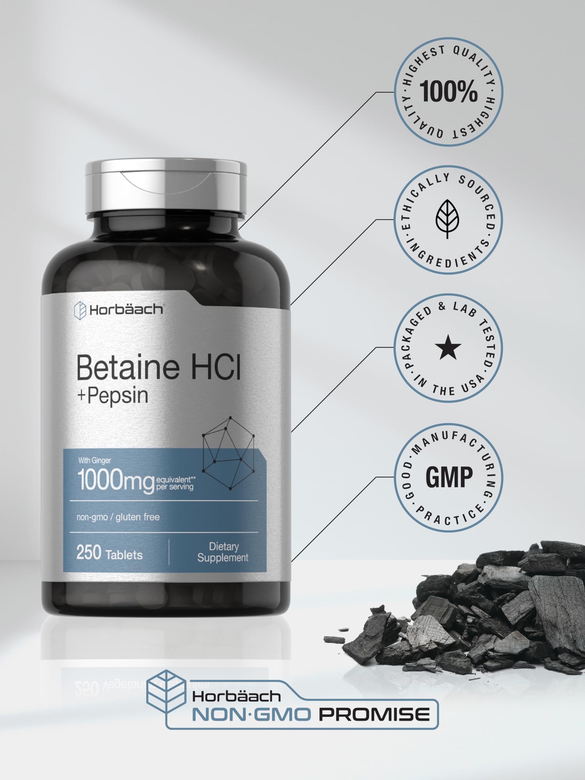 Ginger and Horbaach Betaine HCl with Pepsin packaging icons highlight ingredients