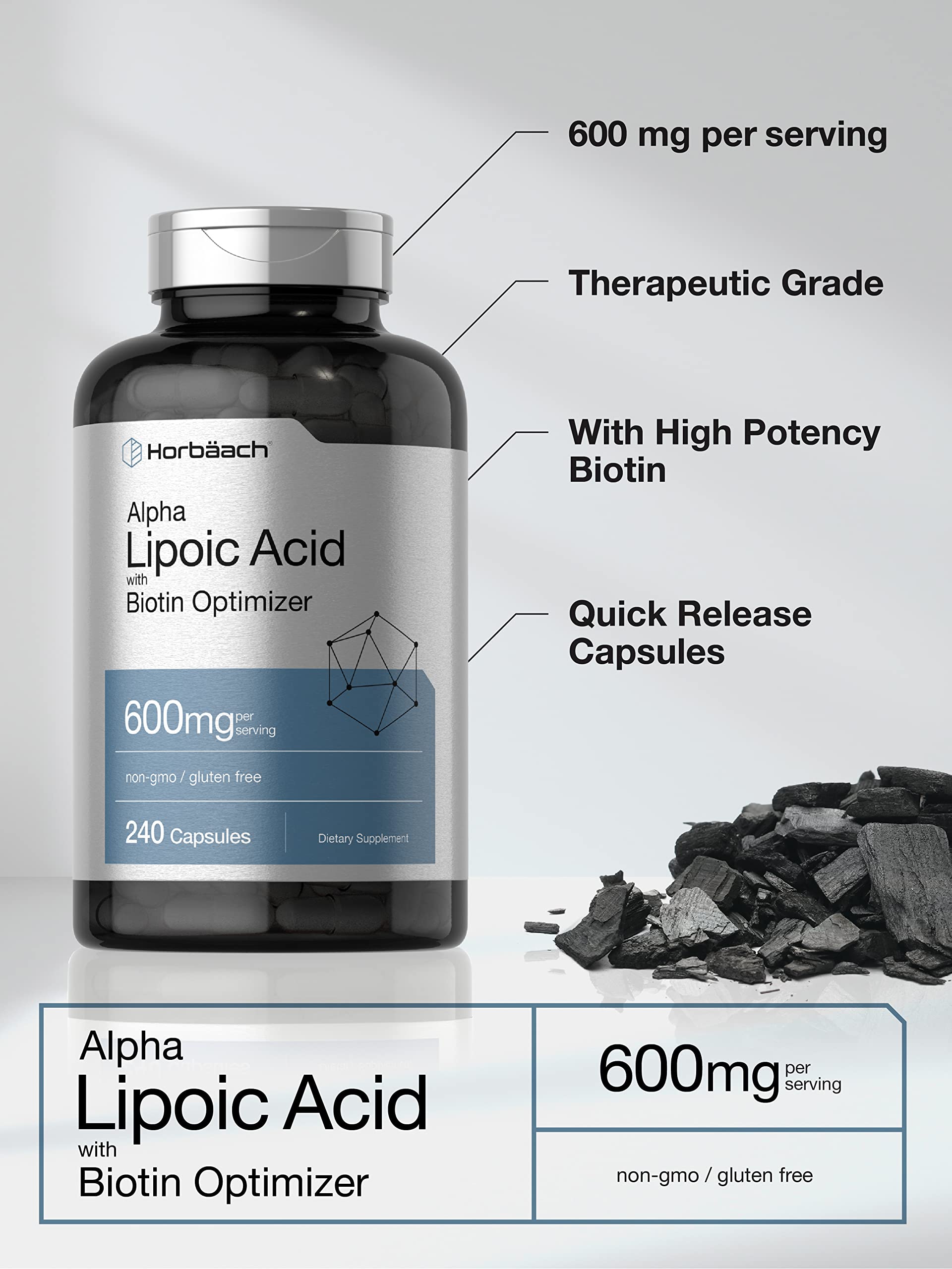 Horbäach Biotin Optimizer label highlights Biotin per serving.