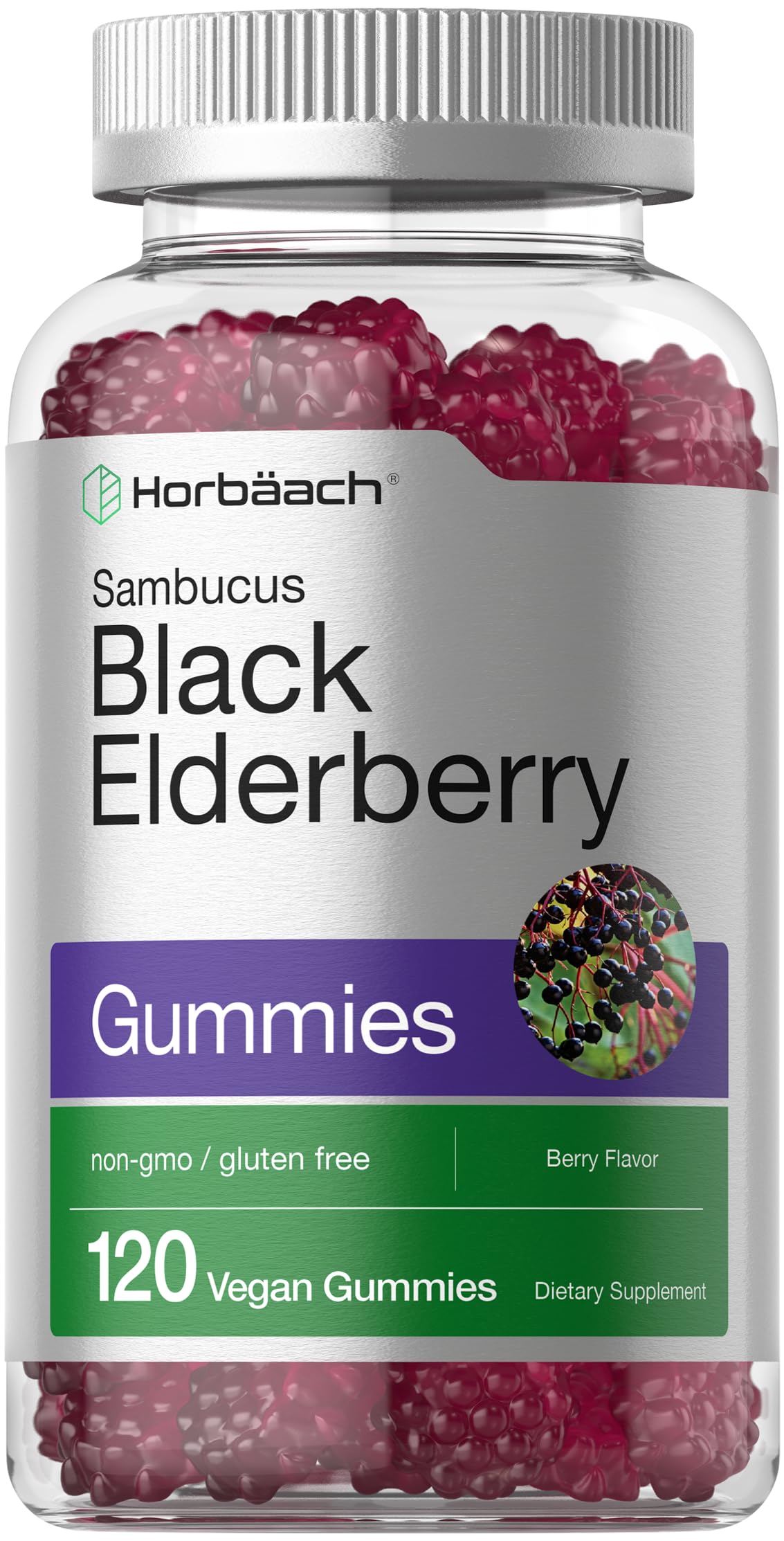Horbaach Black Elderberry Gummies bottle with berry flavor for a tasty daily supplement