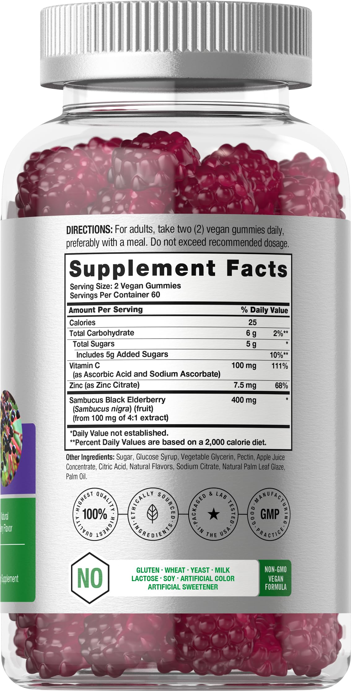 Horbaach Black Elderberry Gummies jar close-up highlighting zinc and vitamin C benefits
