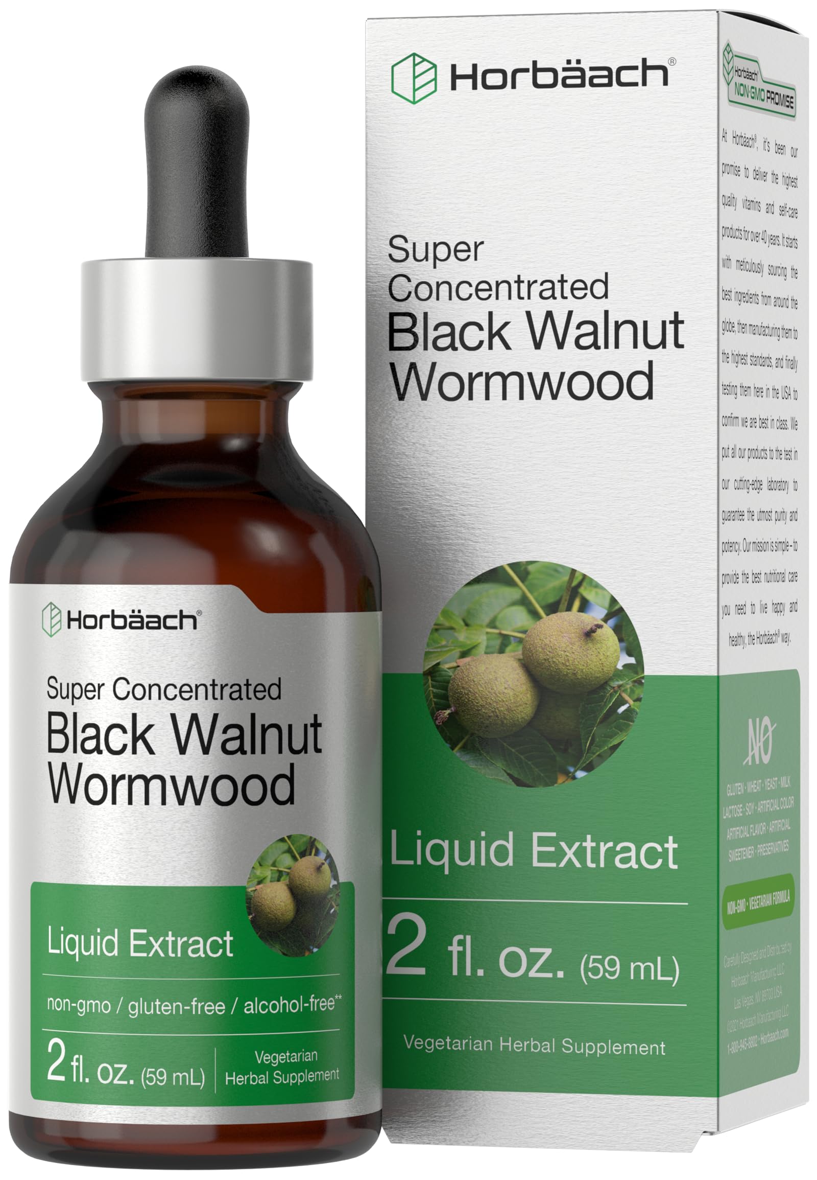 Horbäach Black Walnut Hull Wormwood Extract tincture bottle shows alcohol-free wellness option